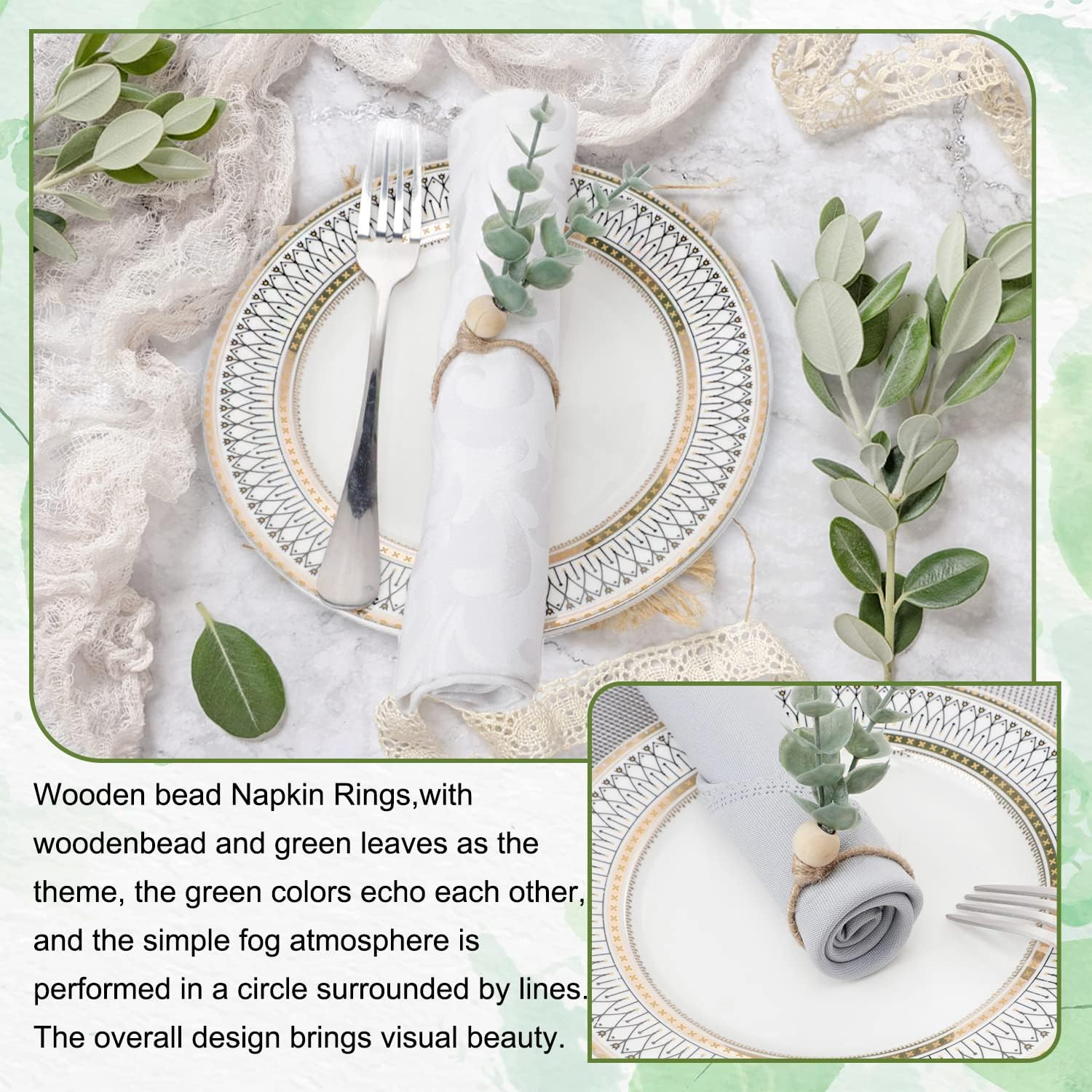 Eucalyptus Napkin Rings Set of 12 - Green Leaf Spring Wood Bead Rustic Rings for Christmas, Wedding, Thanksgiving, Easter Table Decoration