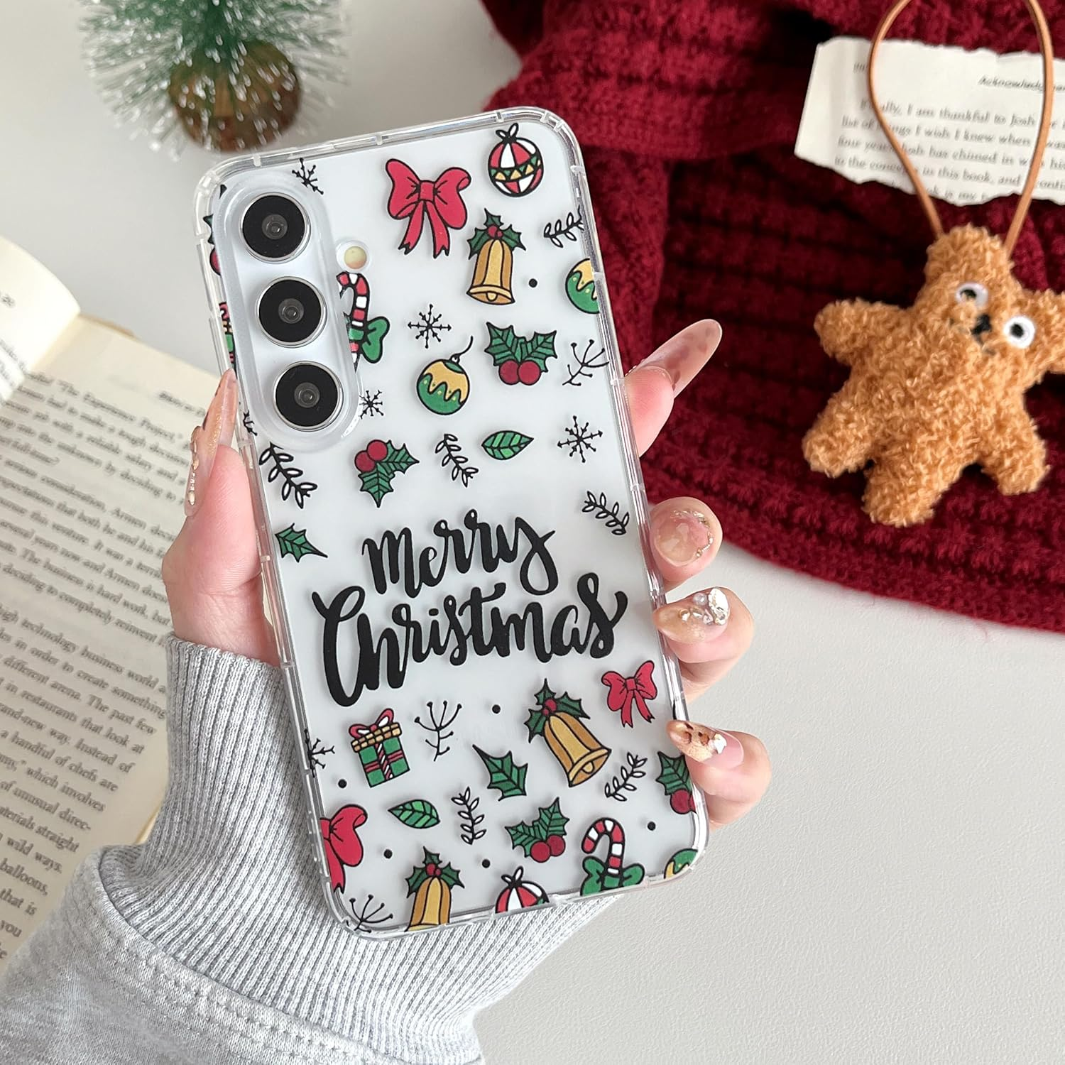 XIZYO Christmas Phone Case for Samsung Galaxy S24 Plus,Clear Cute Merry Christmas Xmas Bells Pattern Aesthetic Women Girls Kids Santa Winter Slim TPU Shockproof Protective Case,Clear image number 1
