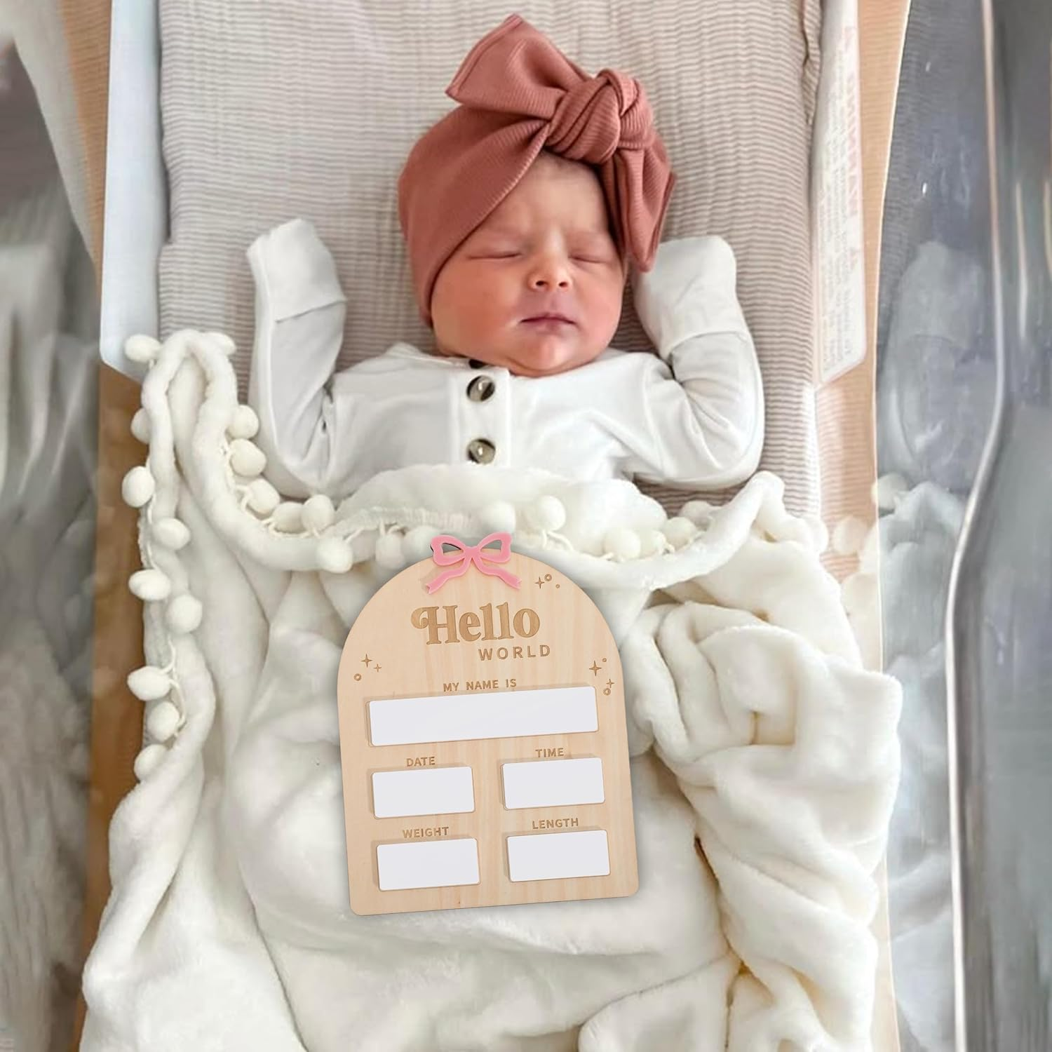 Wooden Bow Baby Birth Announcement Sign for Girls - Pink Bow Hello World Newborn Welcome Board, Wooden and Acrylic Birth Announcement Board, Hospital Birth Stats, Nursery Decorations image number 3