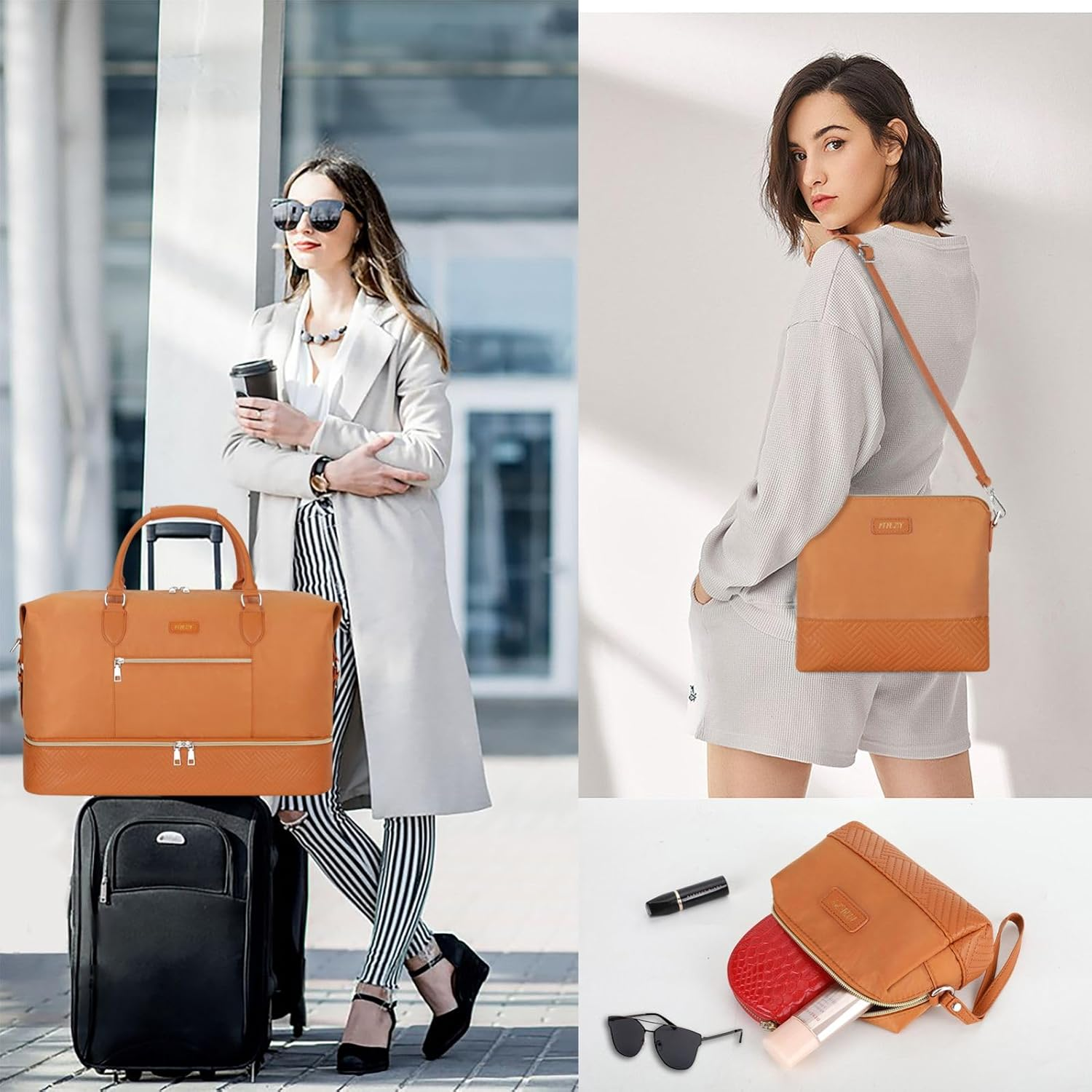 Weekender Bag for Women, Travel Duffel Bag Carry on Overnight Bag with Shoe Compartment Large Nylon Travel Weekend Tote Bag, 7-Brown, L, Weekender Bag for Women, Travel Duffel Bag Carry on Overnight image number 2