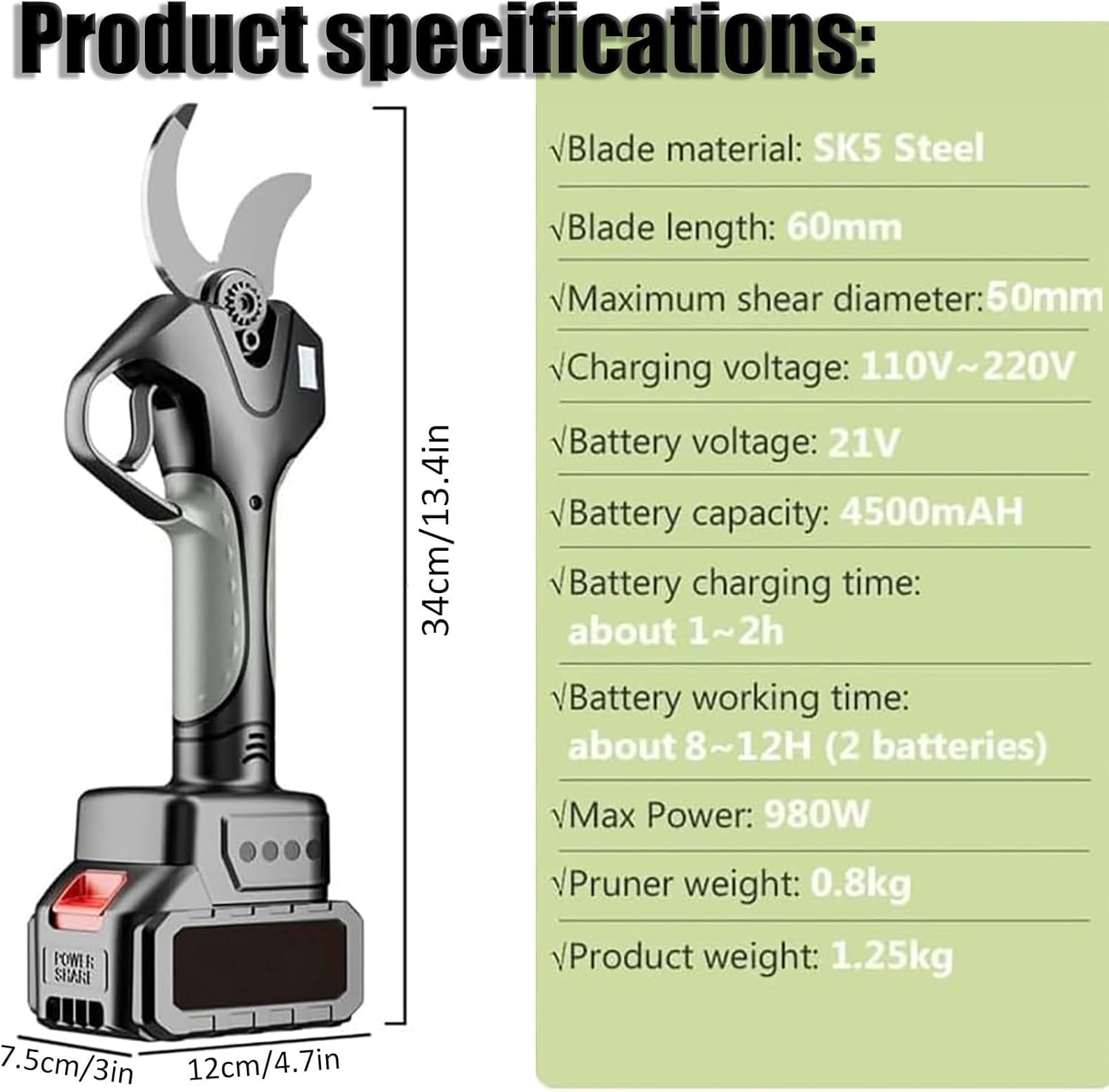 Electric Pruning Shears with Pole, 50Mm Cordless Pole Pruning Shears with 2 X 4.5Ah Battery, 4.3-6.9 Ft Adjusted Retractable Pole, Digital Display, Long Reach Pruner Branch Scissors for Hedge, Bush