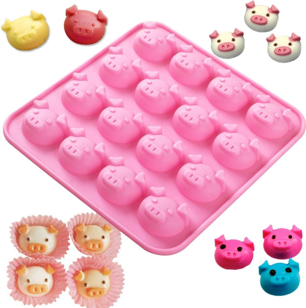 Newk Piggy Chocolate Silicone Mold, 4 Packs 16- Cavity Pig Face Emoticons Piglet Candy Molds for Jelly, Fondant, Hard Candy, Keto Fat Bombs, Resin image number 3