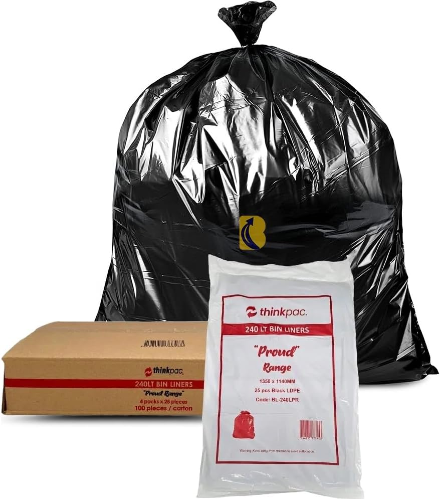 Garbage Bags 240L Carton of 100 - Topbanana Black Rubbish Bin Liners 135Cm X 114Cm - 32 Um Industrial-Grade Thickness - Waste Bags for Offices, Commercial Spaces, Household & Cleaning image number 4