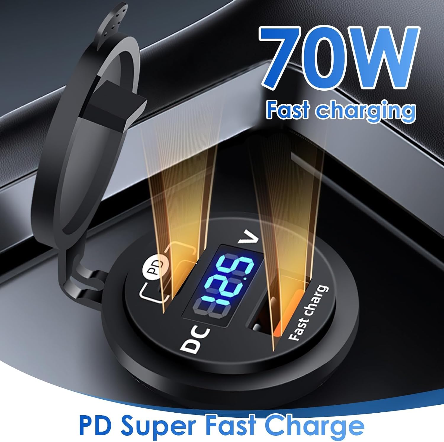 USB C and USB a Car Socket, 70W Waterproof 12V/24V PD+QC3.0 Fast Charger with LED Indicator for Car/Motorcycle/Boat, Can Charge Mobile Phone/Tablet/Digital Camera image number 6