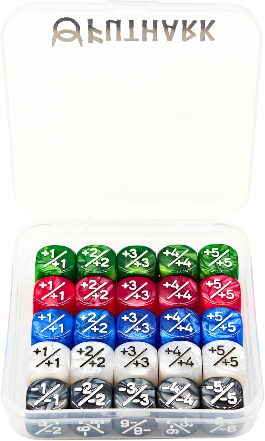 Futhark MTG Counter Dice Set - 25 Compact Multicolored Acrylic Dice with Plus/Minus Counters - Easy to Carry & Easy to Read - Accessories for Magic: the Gathering image number 1