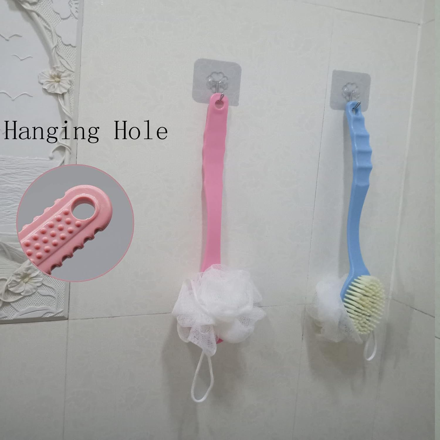 2 Pack Body Brush Back Scrubber for Shower Bath Back Scrubber with Soft Loofah and Bristles Back Scrubber Bath Mesh with Curved Long Handle Suitable for Wet or Dry, Women and Men (Pink，Blue, One Size) image number 4