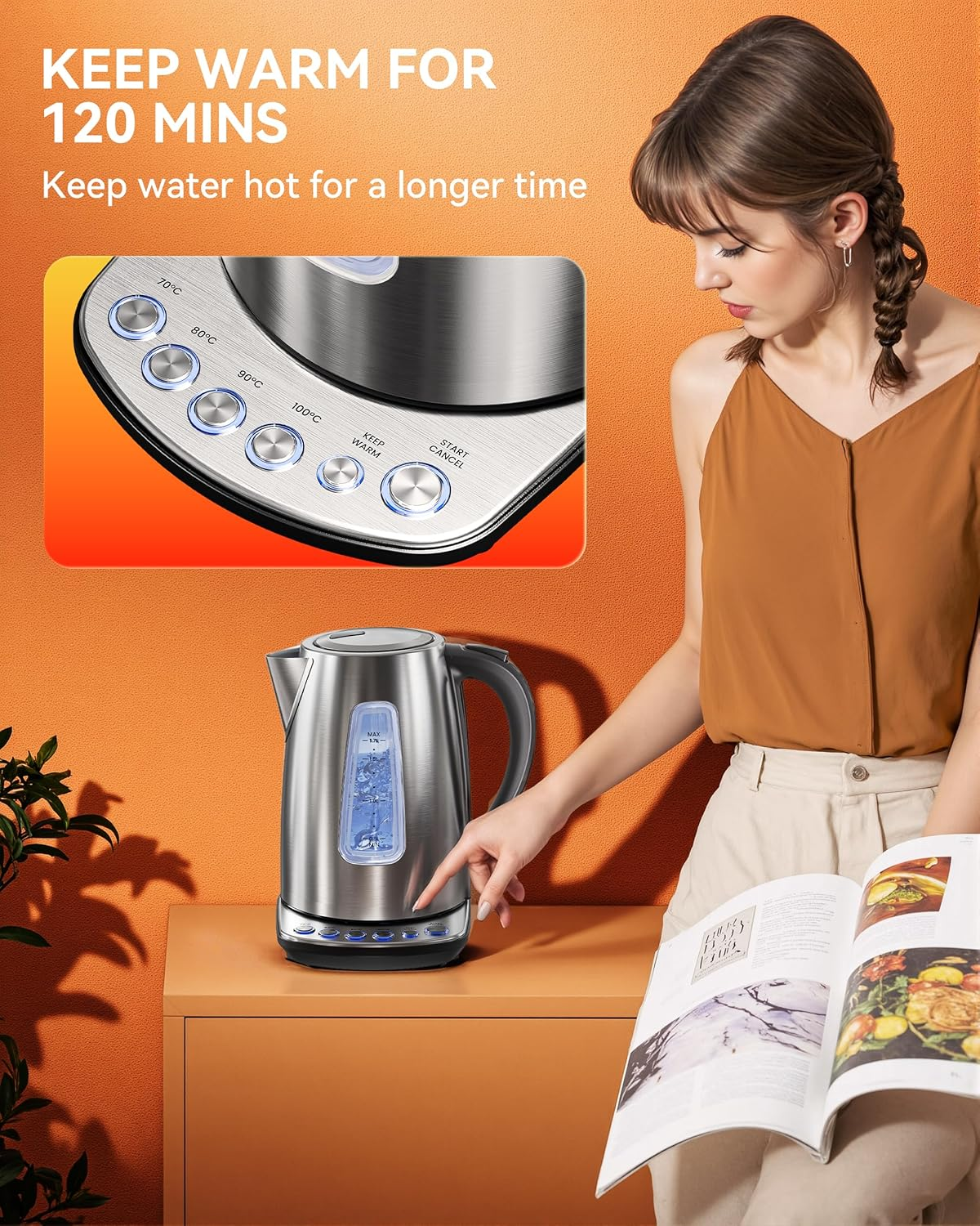 Billord Electric Kettle - 2200W Stainless Steel Kettle for Coffee & Tea, 1.7L Water Boiler with Temperature Control, Fast Boiling Water Kettles with Detachable Base, Auto Shut-Off, Boil-Dry Protection