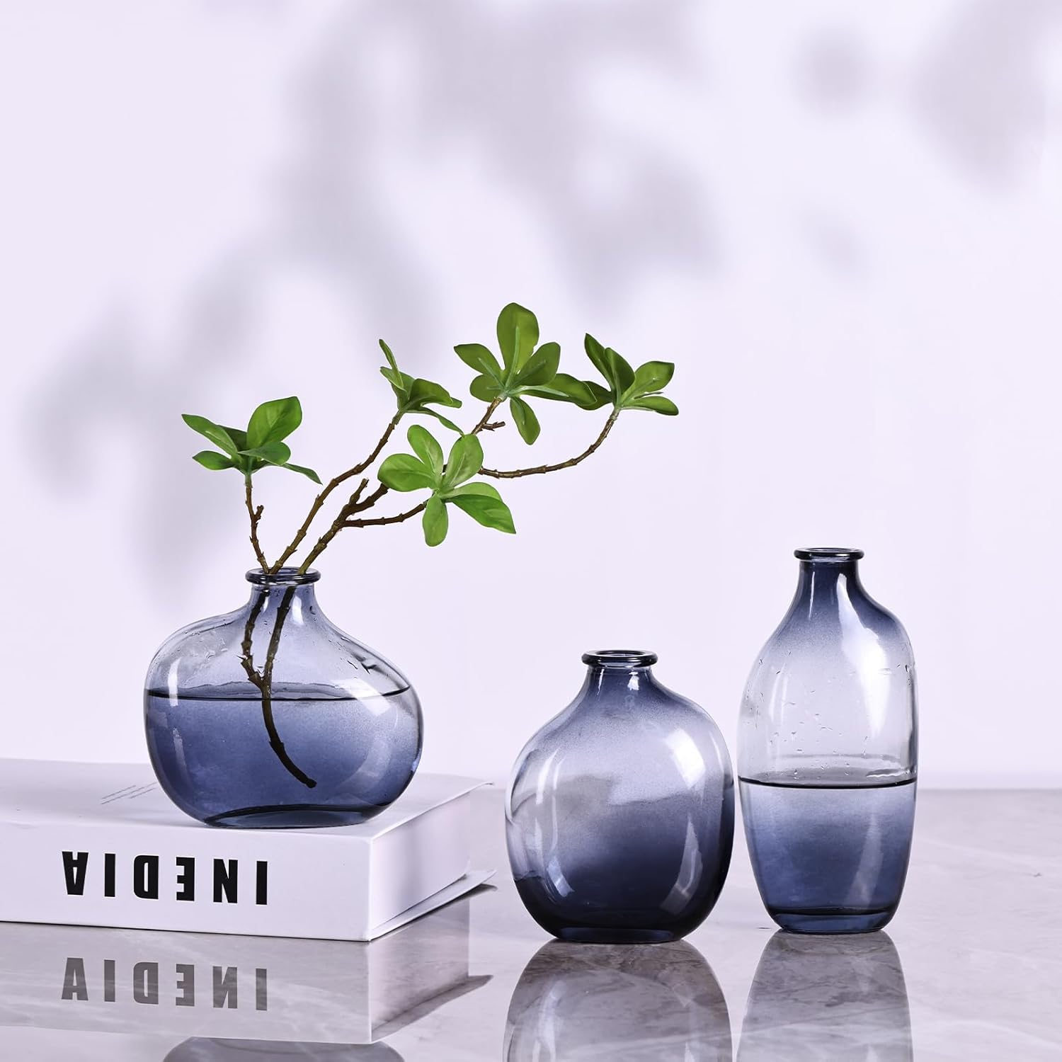 Set of 3 Light Blue Glass Bud Vases, Modern Decorative Fresh Flowers Small Vases for Home Table Centerpieces Wedding Parties Office Kitchen Shelves Decorative Bulk Mini Vases. - Green image number 6