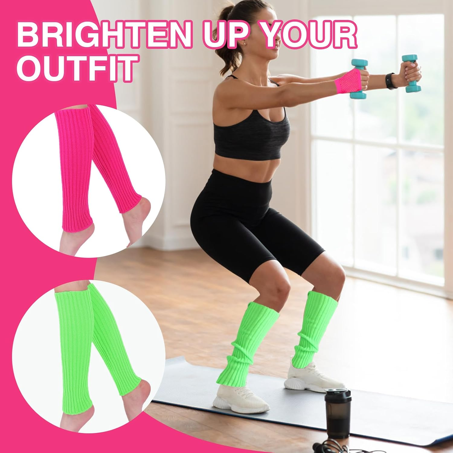 COWANIEE 2 Pairs Neon Leg Warmers+2 Pairs Fishnet Gloves 80S Fancy Dress Costume for Women and Girls (Rose Red, Fluorescent Green)