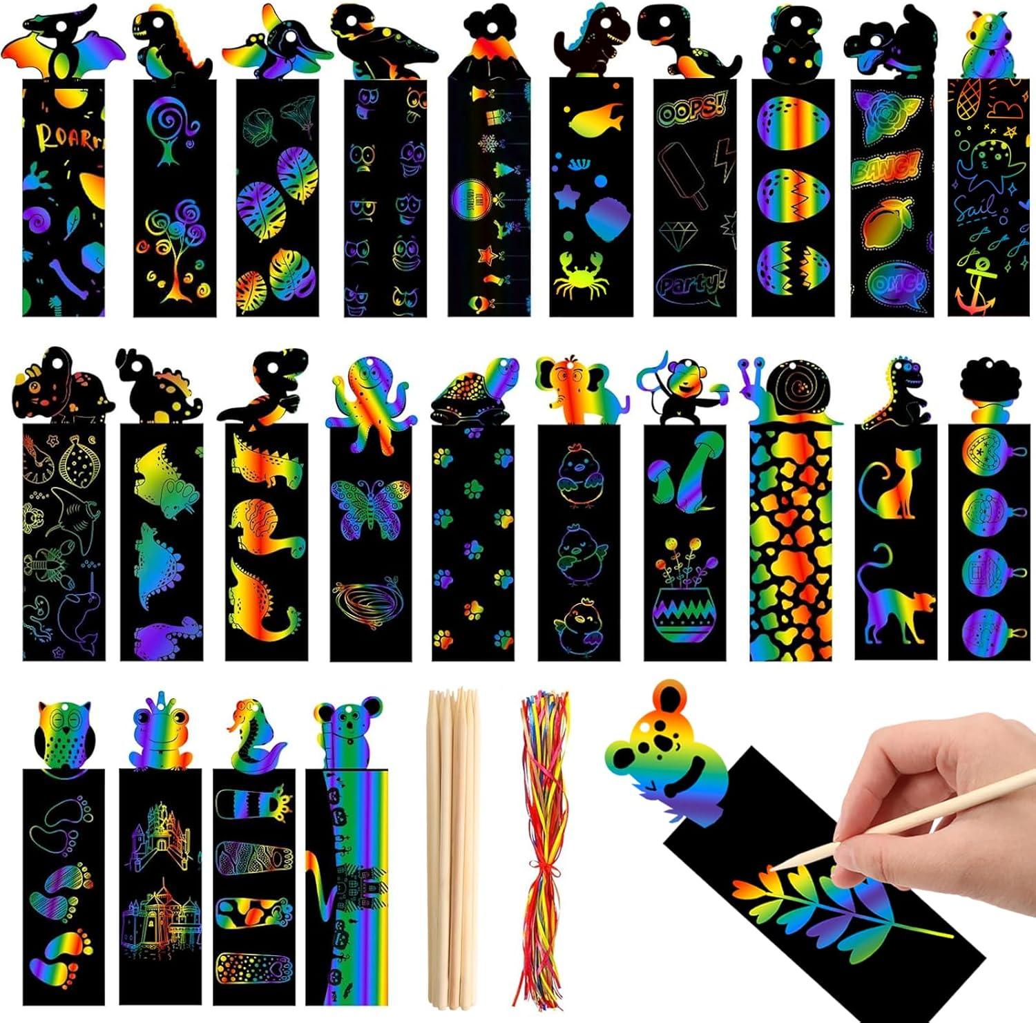 48 Pcs Scratch Art Bookmarks Party Favours Kids, Animal Bookmarks Set Party Bag Fillers with 48 Pcs Colorful Ribbons and 24 Pcs Wood Stylus, Scratch Art for Classroom Activities Party(Dinosaur) image number 2