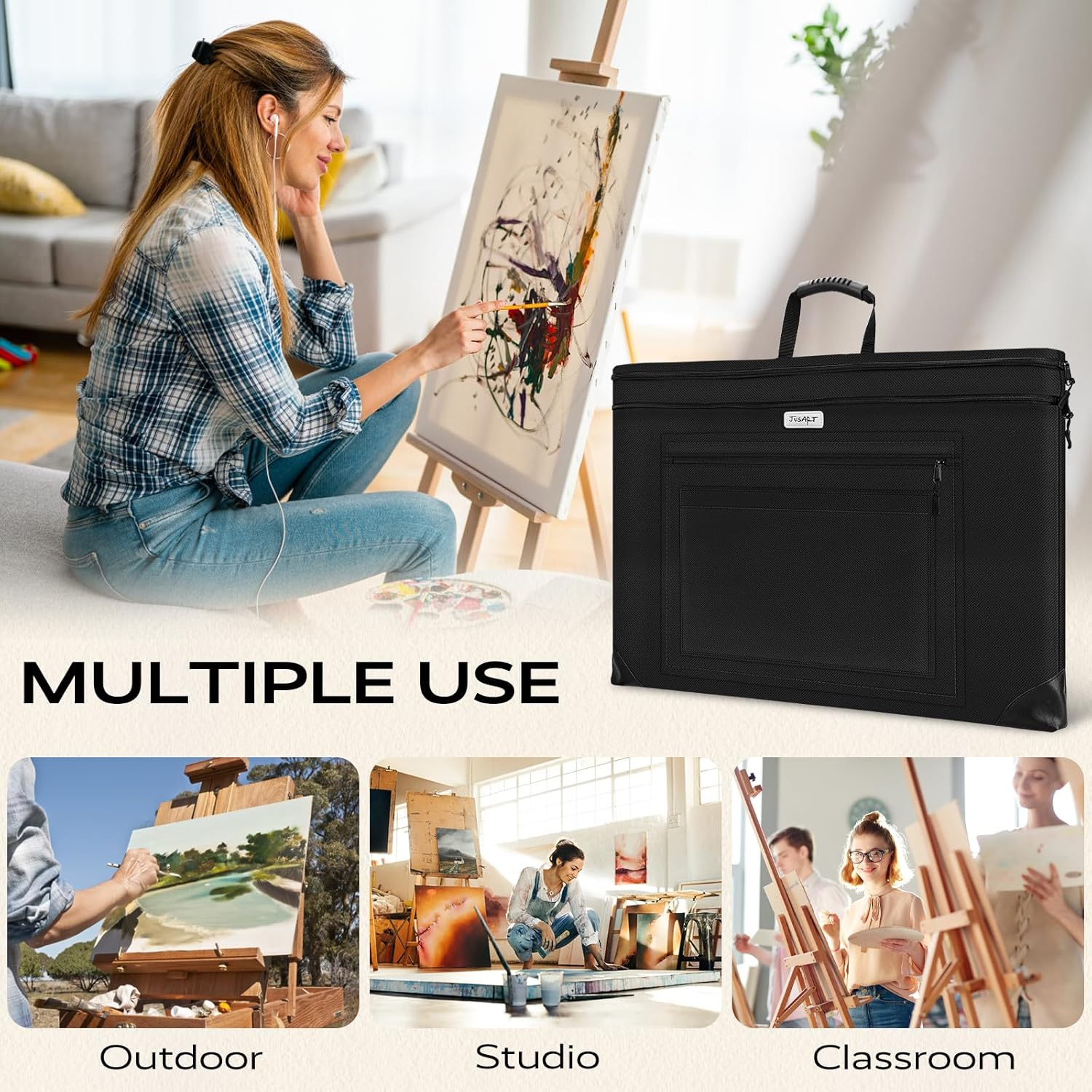 Jusart Art Portfolio Bag, 18X24 Light Weight Portfolio Folder Case with Adjustable Shoulder Strap, Leather Corners, Waterproof Carrying Storage Case for Artwork, Poster, Sketching, Drawing image number 3