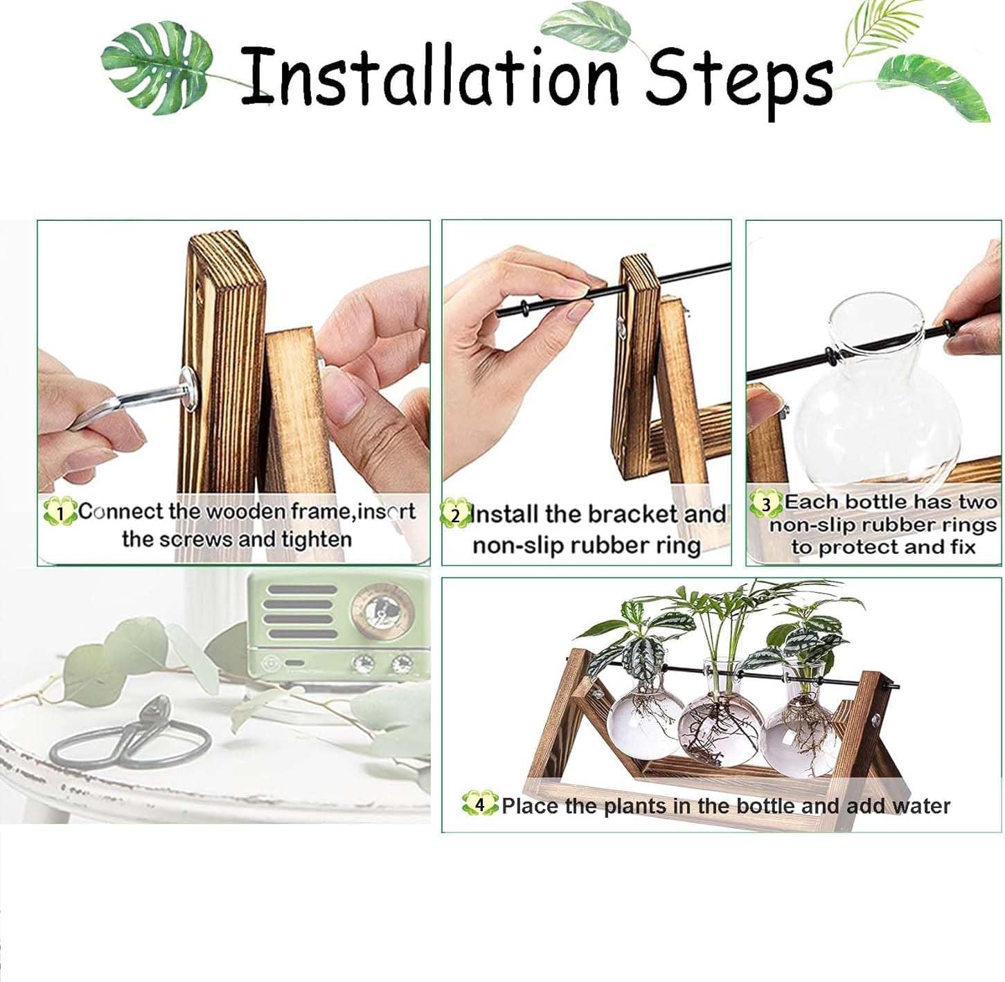 Cozioz Retro Wooden Stand Plant Propagation Station with 3 Glass Vases &ndash; Desktop Terrarium Planter for Hydroponics, Ideal for Indoor Office, Home Decor, and Gifts for Plant Lovers