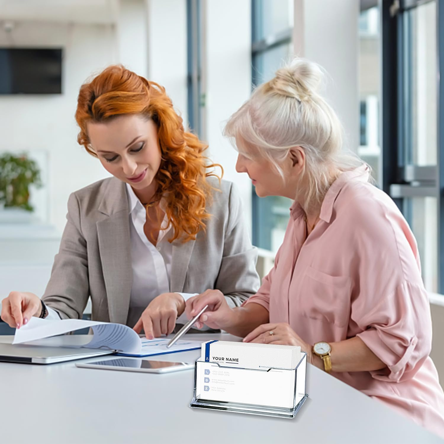 8Pcs Business Cards Holder,Funcyboo Business Card Holder Stand Business Cards Organizer Acrylic Business Card Holder Sticker Display Stand for Home Office Desktop Countertop.Fits 30-50 Business Cards image number 2