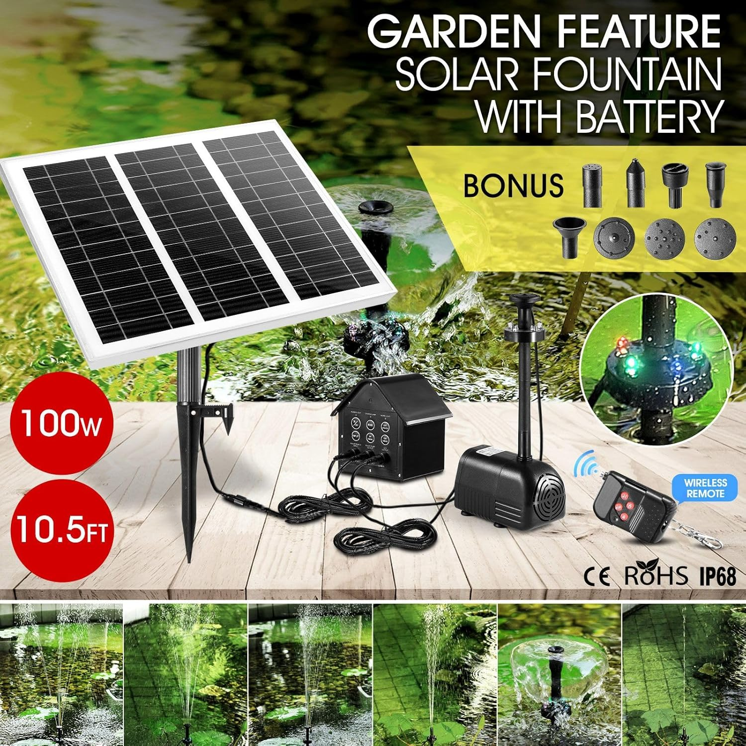 AUSWAY 100W Solar Fountain Water Pump with Battery and LED Light for Birdbath Garden Pool image number 4