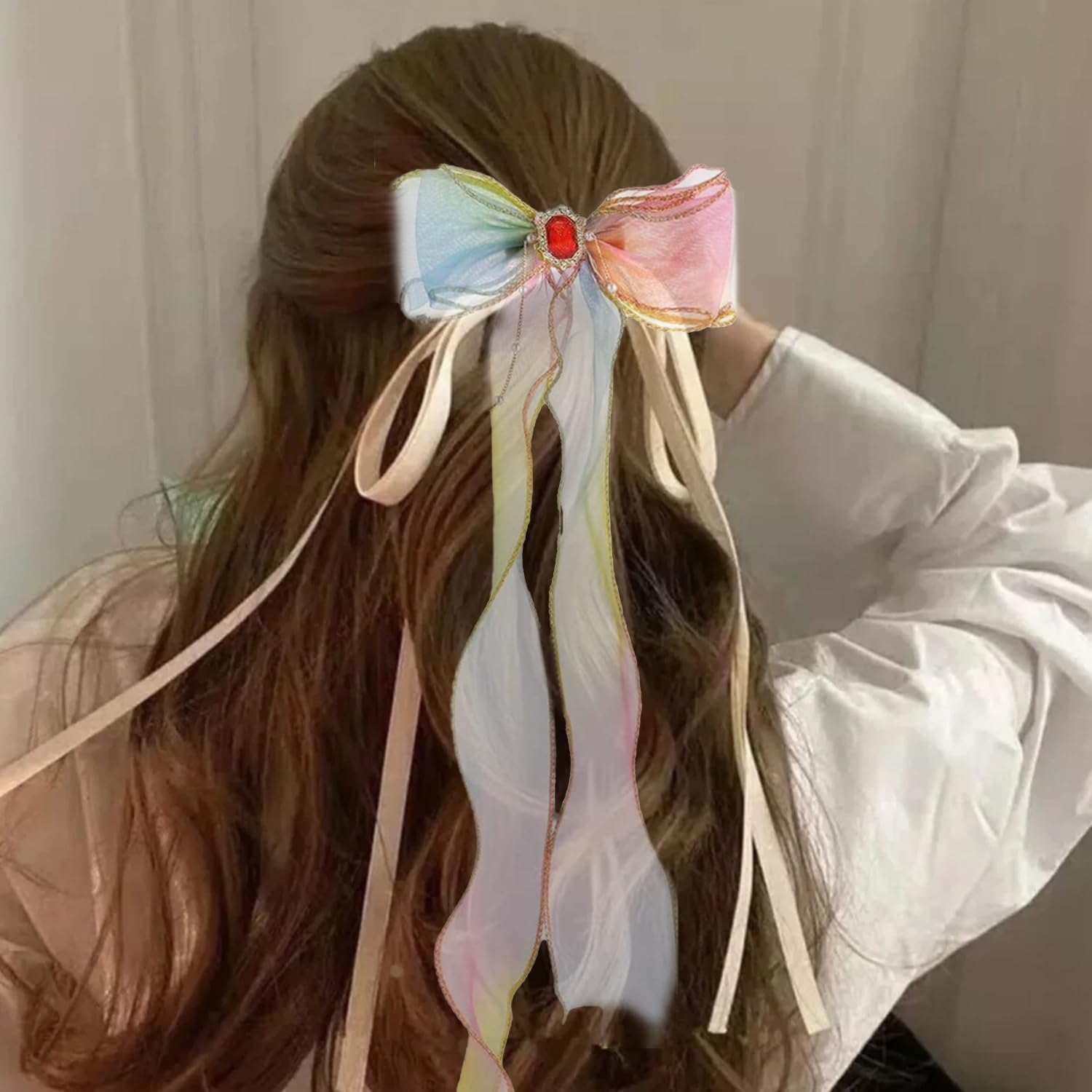 Pack of 3 Butterfly Colourful Ribbon Clips, Pearl Chain Bow Hair Clips, Women'S Tassel Bow Hair Clips, Girls Hair Accessories, Princess Hair Clip Decoration (Gradient Colour)