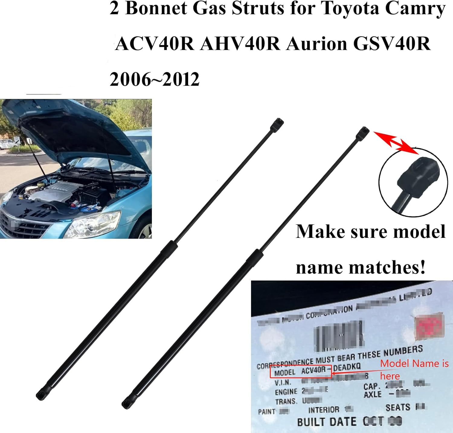 AONNOUS 2 Bonnet Gas Stay Struts for Toyota Camry ACV40R AHV40R Aurion GSV40R 2006~2012 Front Hood Lift Supports Springs Shocks image number 6