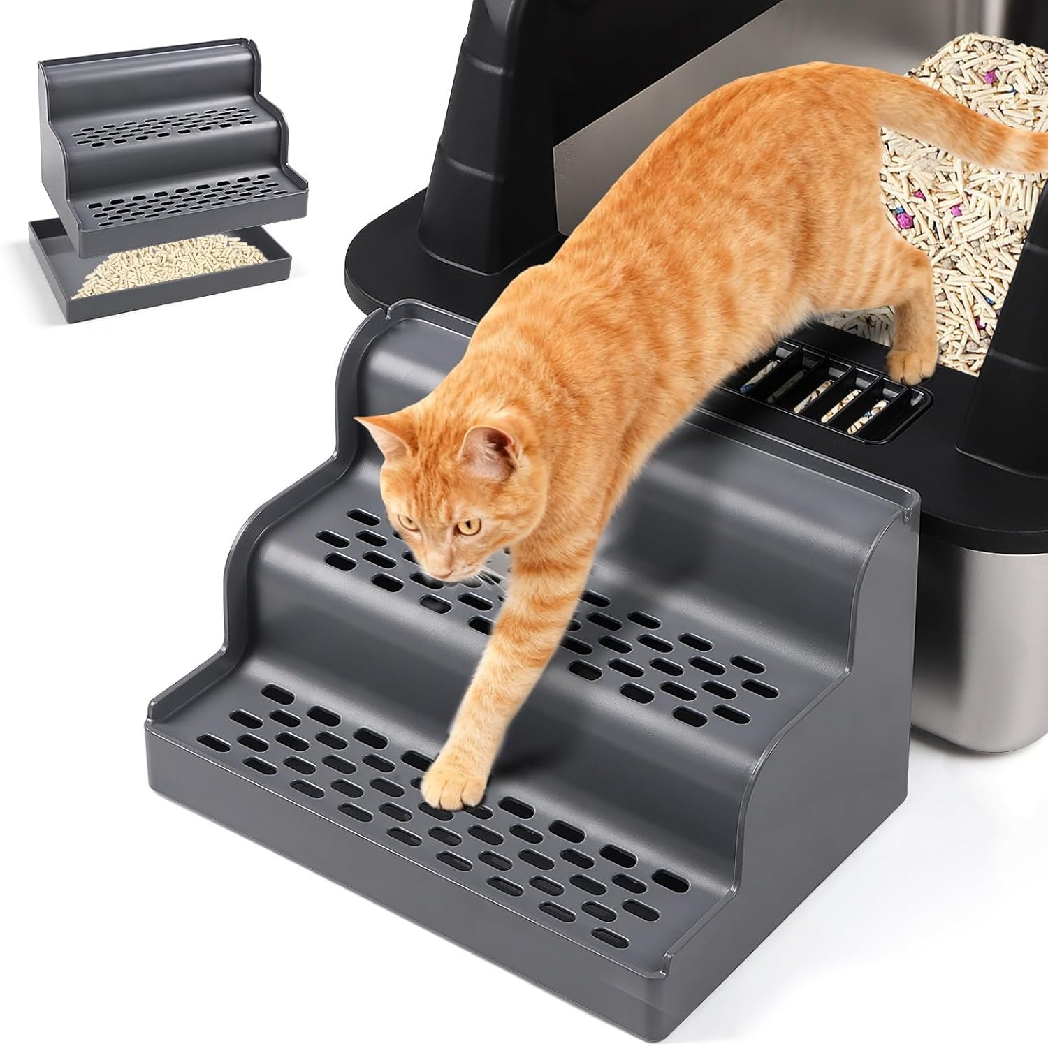 Rolcoassuns Cat Ramp for Cat Litter Tray, Cat Litter Tray Steps/Stairs with Filter Function and Non-Slip Rubber Feet, Suitable for Small and Older Cats image number 3