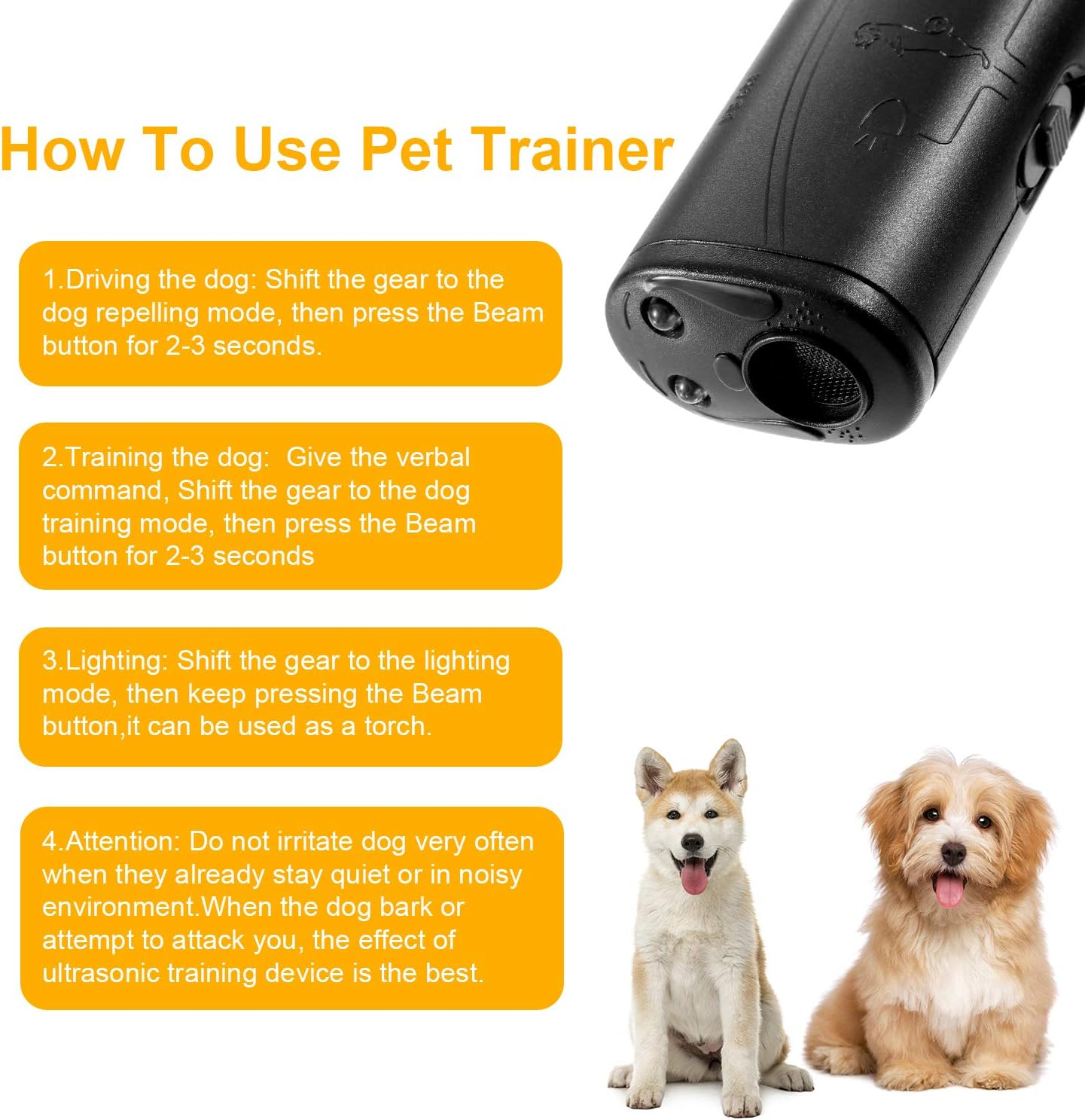 Frienda LED Ultrasonic Dog Repeller and Trainer Device 3 in 1 anti Barking Stop Bark Handheld Dog Training Device (Black)