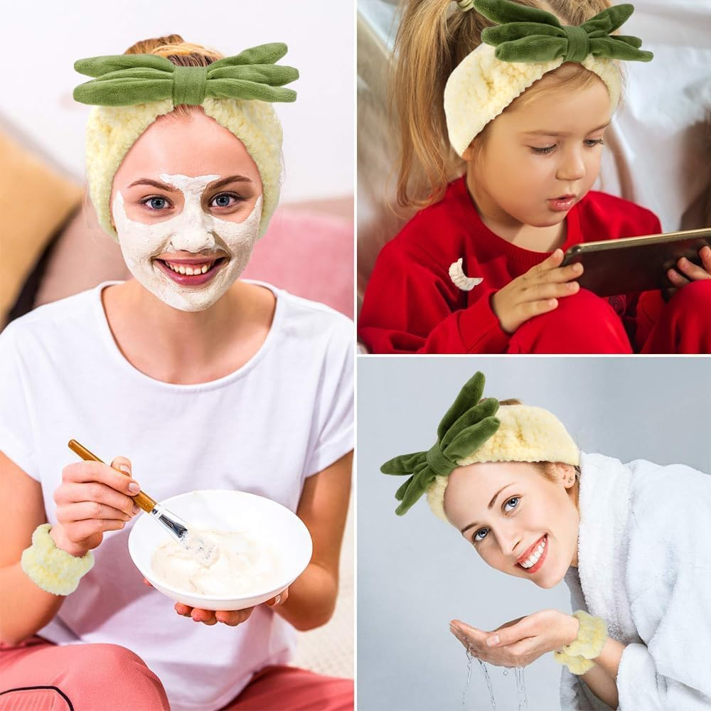 Spa Headband, Face Wash Headband and Wristband Set, Cute Makeup Skincare Headbands Wrist Bands for Washing Face Fluffy Headband for Women Girls Elastic Hair Band (Pineapple, Set of 3) image number 3