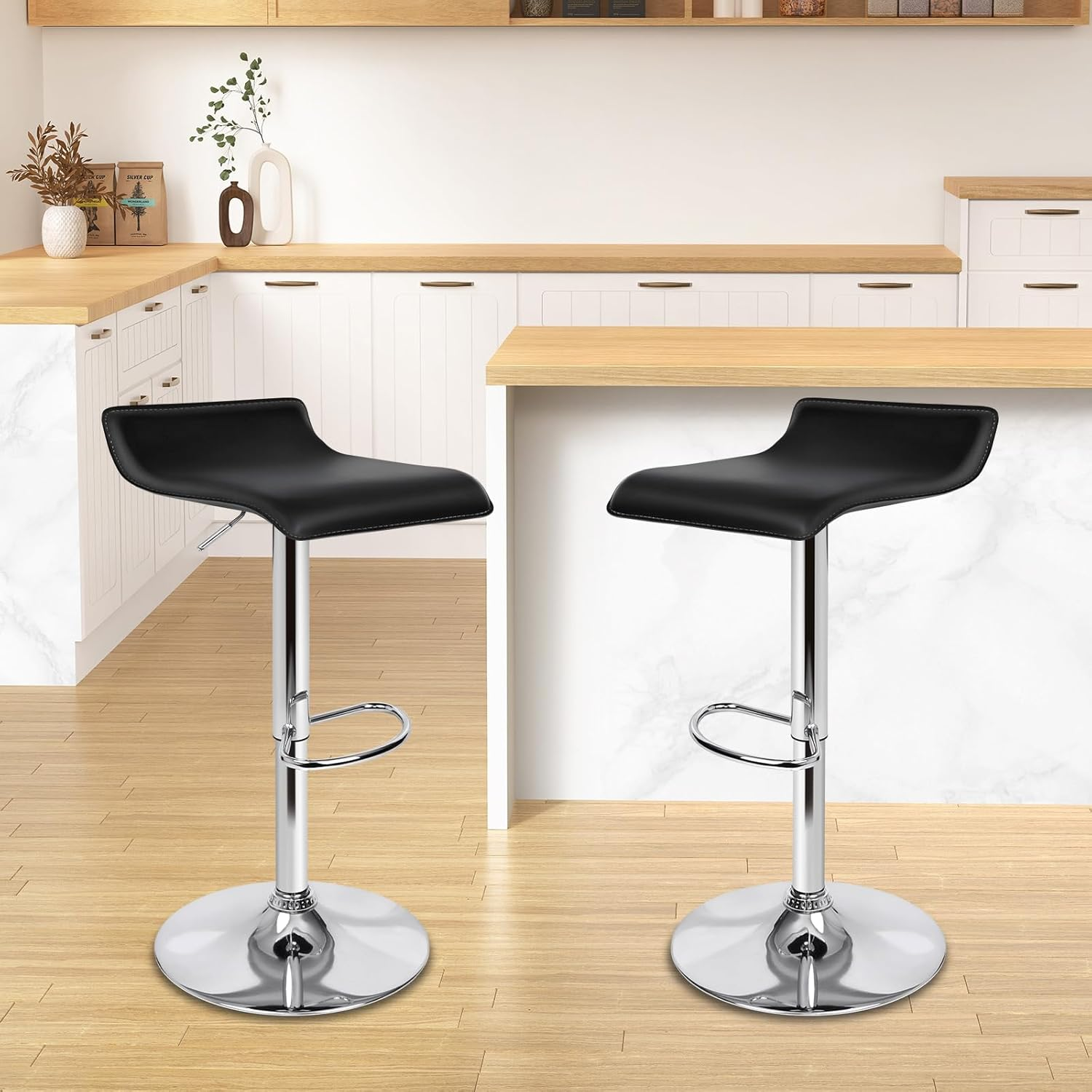 ALFORDSON 2X Bar Stool PU Leather Saxton Swivel Kitchen Barstools in 53-73Cm Adjustable Backless Seat Height Counter Dining Chairs with Footrest and Floor Protector (Black) - Portia White image number 7