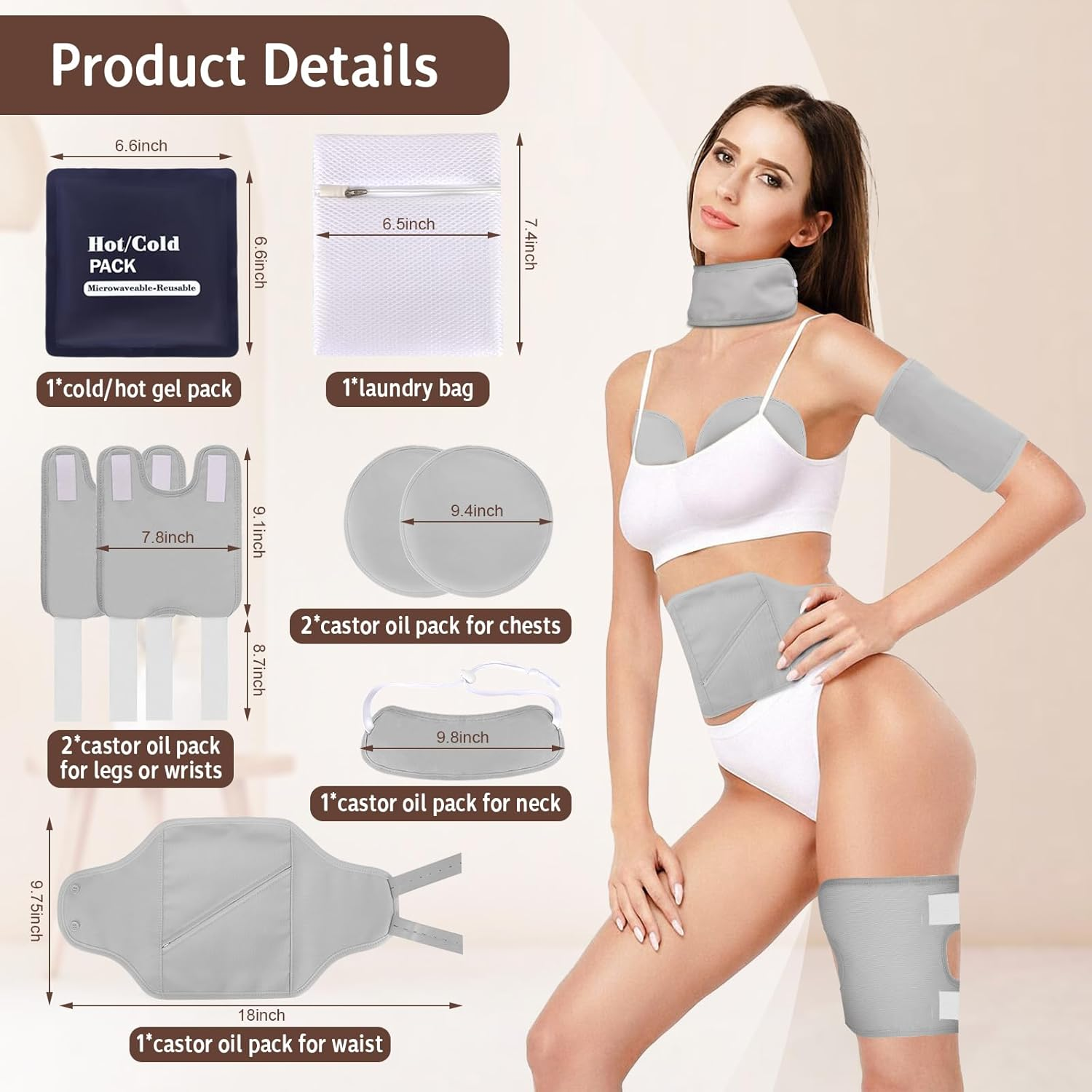 QYCHHJ 8PCS Castor Oil Pack Wrap Kit Reusable Organic Flannel with Heating Pad for Liver Detox, Comfort Sleep, Inflammation Adjustable Elastic Strap Flannel Cotton Machine Washable, Gray