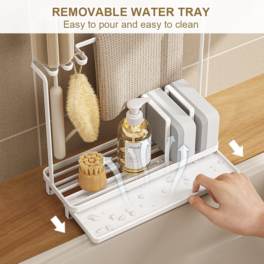 Uptyia Kitchen Sink Tray Drainer Rack,Sponge Holder for Sink,Sink Caddy Sponge Holder Sink Caddy Organizer, Soap Dish Dispenser Brush Holder Storage Kitchen Accessories (25 X 9 X 22 Cm,White)