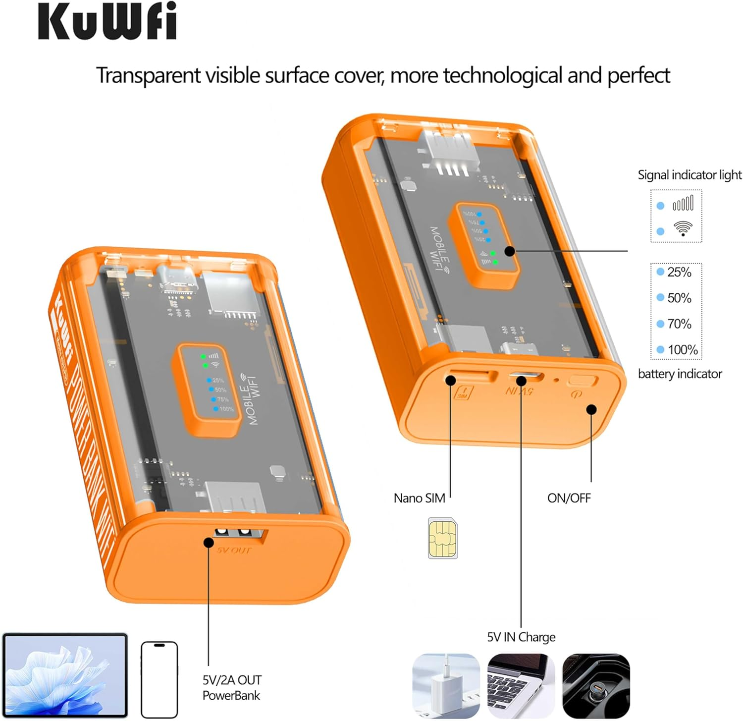 Kuwfi 4G LTE Mobile Router,Cat4 up To150Mbps Wifi Router Portable,Mc8 Router 4G LTE with 5200Mah Battery,Support 3G/4G SIM Card Unlocked,Hotspot Wifi Connect up to 10 User&hellip; image number 6