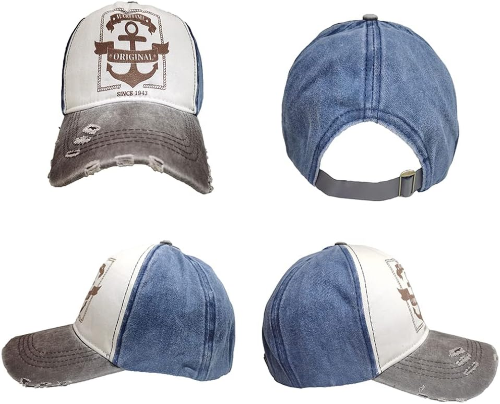 YULOONG Vintage Baseball Cap Washed Denim Fashion Anchor Pattern Outdoor Sun Hat for Men Women 100% Cotton image number 4