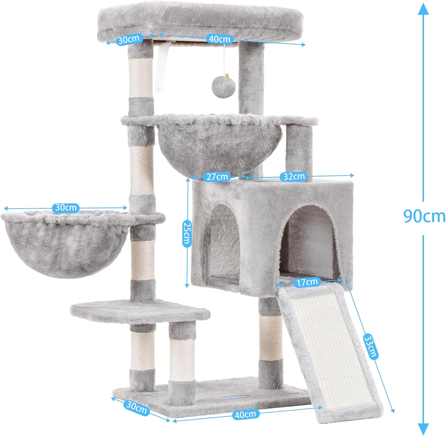 Hey-Brother Cat Tree, Cat Tower for Indoor Cats, Cat House with Large Padded Bed, Cozy Condo, Hammocks, Sisal Scratching Posts, Big Scratcher, Light Gray MPJ006SW image number 2