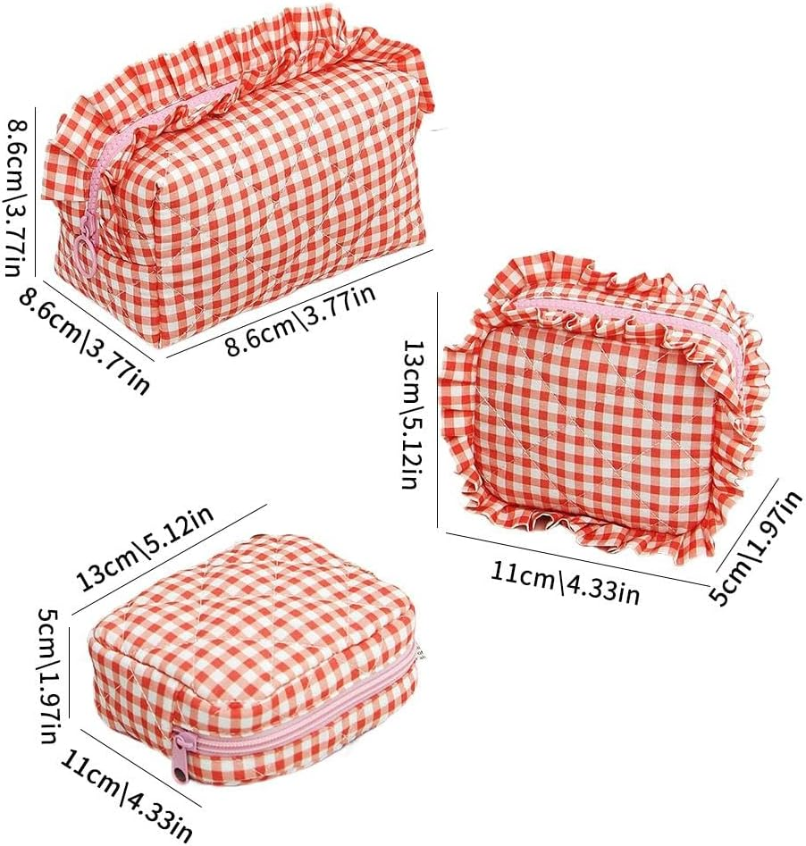 Gingham Ruffle Makeup Bag,Large Travel Cute Cosmetic Bag for Women,Cotton Zipper Pouch and Accessories Storage Bag, Travel Pouch,Aesthetic Puffy Toiletry Bag Make up Organizer (Purple) image number 2