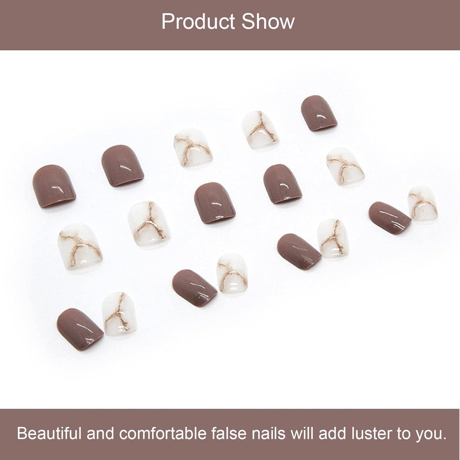 24 PCS Marbled Halo Press on Nails Short Fake Nails Brown & White False Nails Wearable Fake Nails Glossy Fake Nails Gifts for Women and Girls image number 5