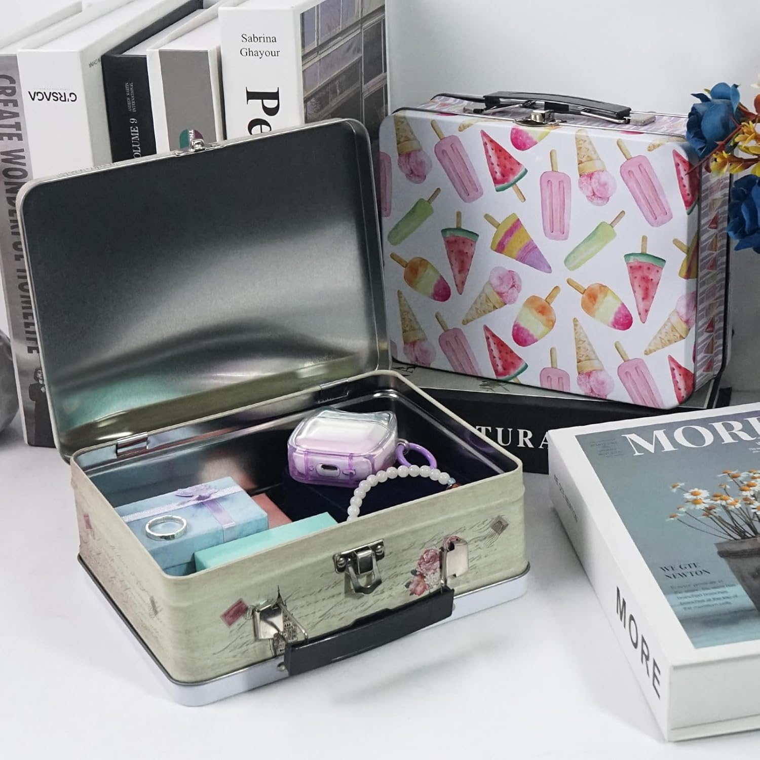 Dreamseden 2-Pack Tin Storage Box Set - Small Handheld Decorative Metal Box with Handle - Adorable Popsicles & Vintage Sketch Patterns 7.8 X 6.1 X 2.9 Inch Keepsake Case Gift Set image number 4