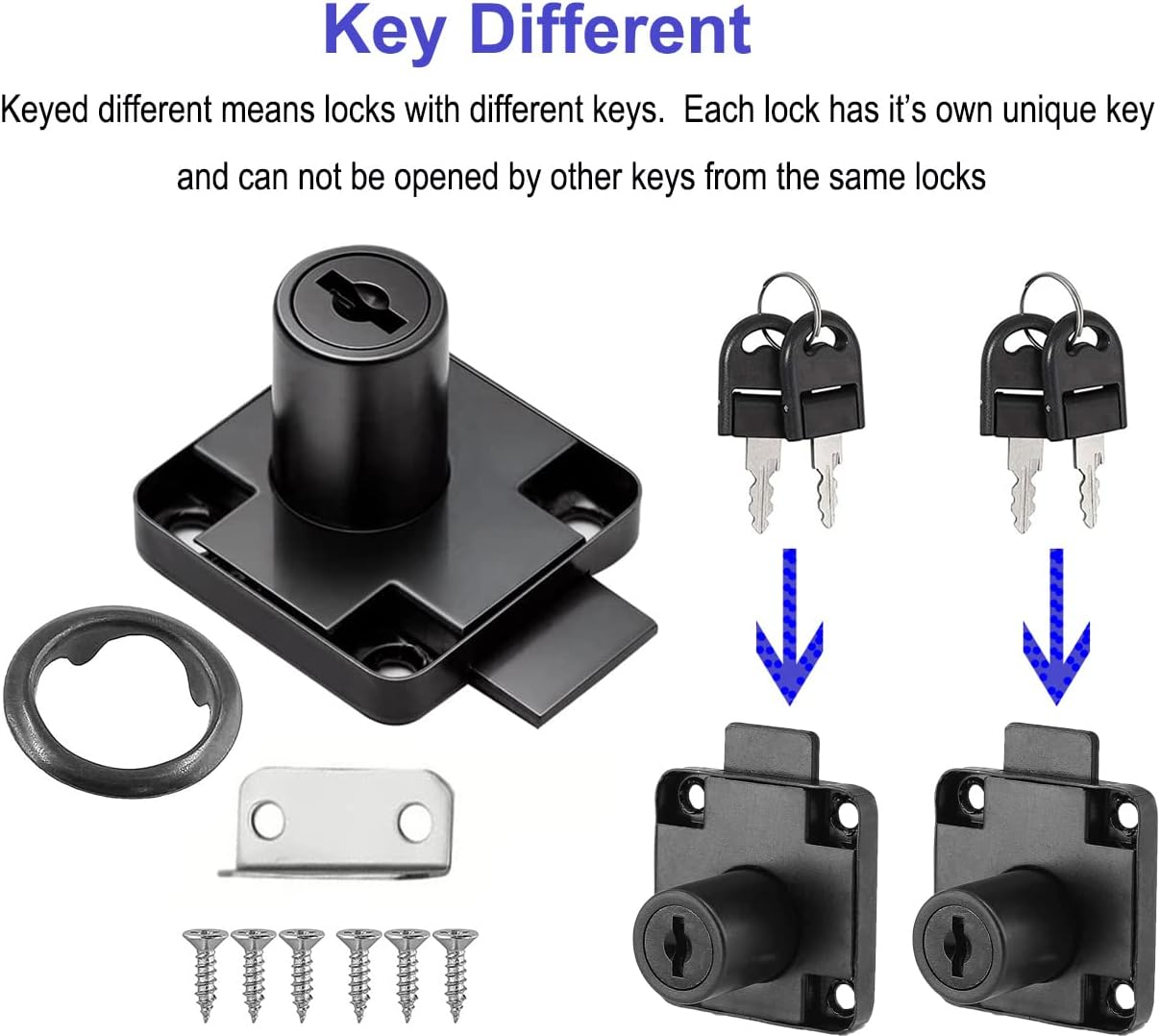 4PCS Cam Lock 22Mm, Security Cabinet Lock with Key Different Cupboard Lock for Furniture Mailbox Drawer Postbox Letterbox Household Office Door Locks Black - Black-1 Pack image number 5