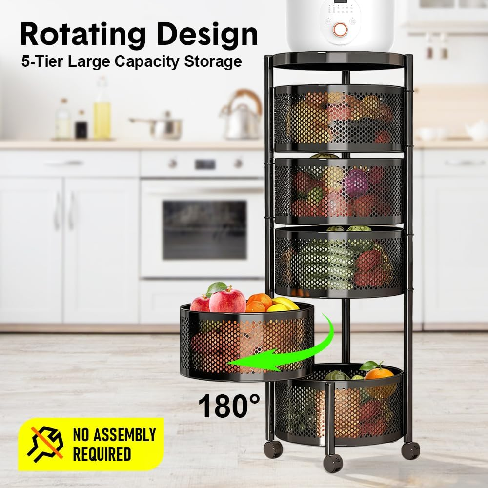 ALSTON 5 Layer Rotating Storage Trolley Kitchen Rolling Tiered Rack Stacking Organizer with 360 Swivel Lockable Wheels for Storing Fruit Vegetable Black image number 6