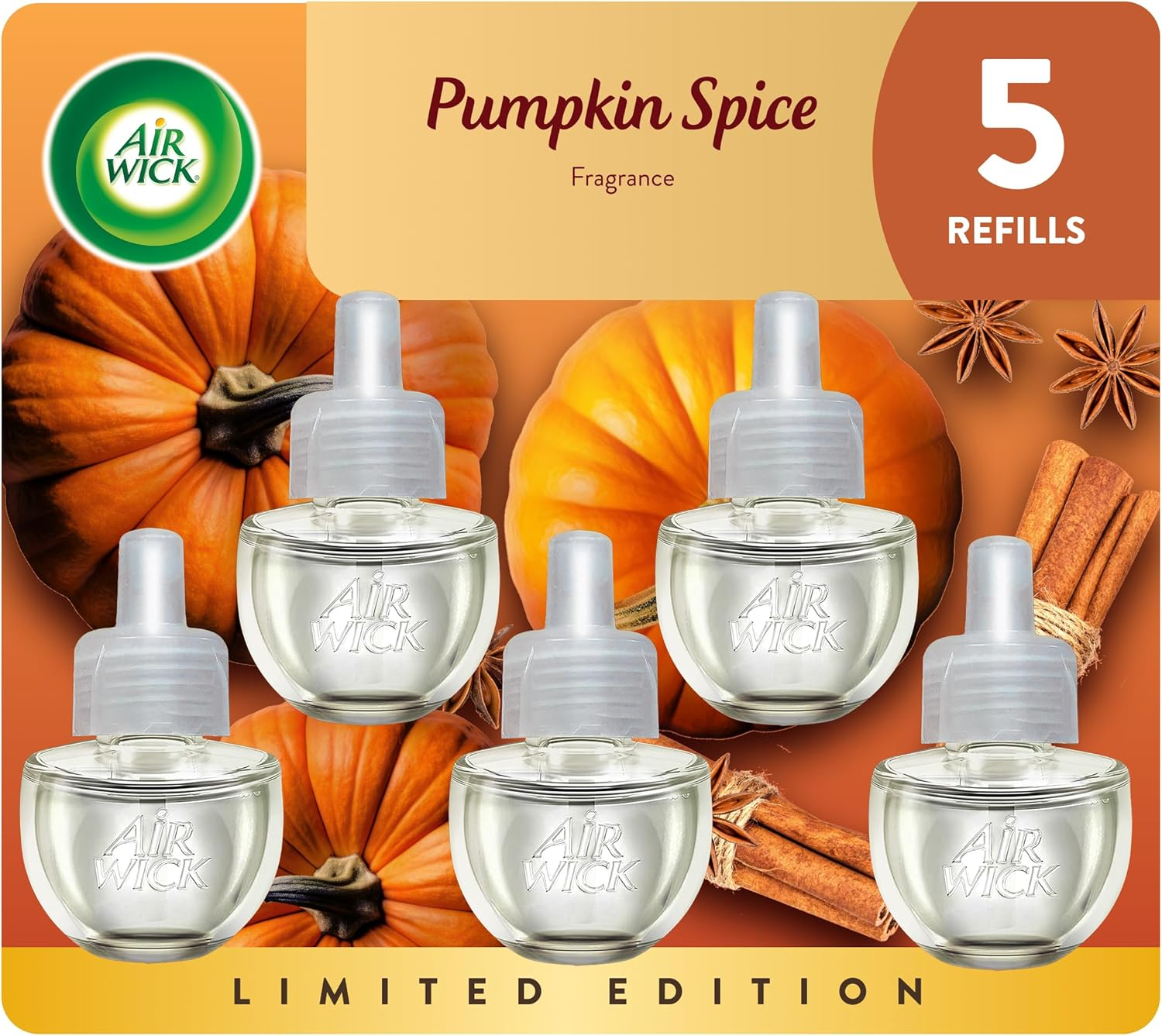 Air Wick Plug in Scented Oil 5 Refills, Pumpkin Spice, Fall Scent, Fall Spray, (5X0.67Oz), Essential Oils, Air Freshener, Packaging May Vary image number 3