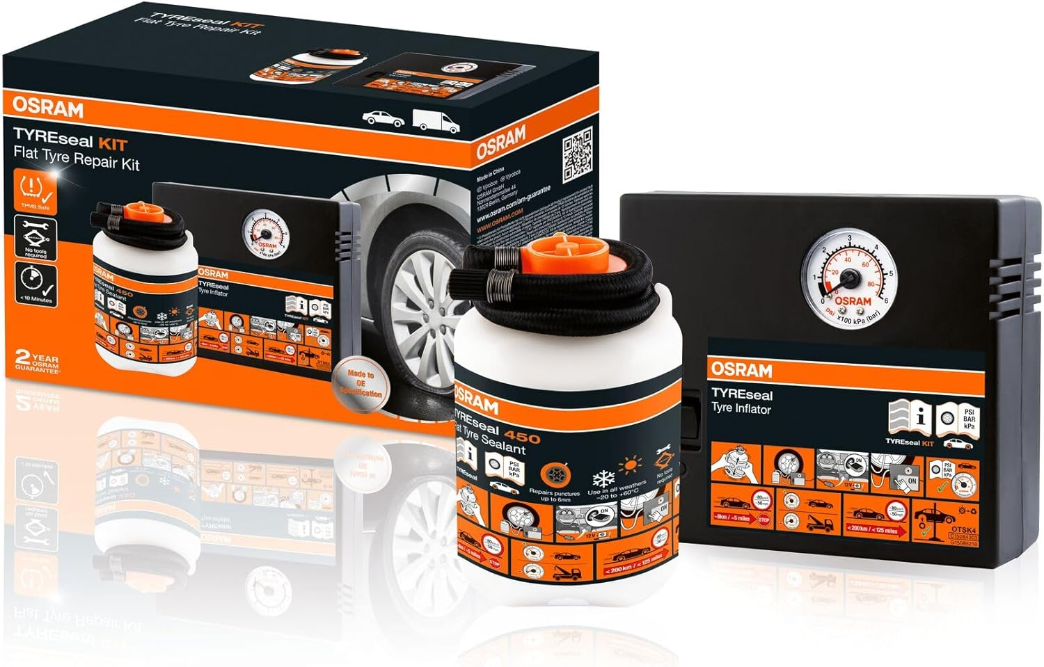 OSRAM Tyreseal Kit, Tyre Sealant 450 Ml and Analogue Tyre Compressor, Tyre Repair Kit, Repair in 10 Minutes