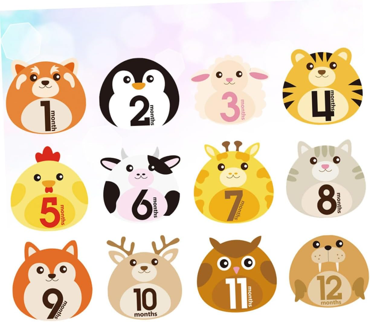 GALPADA 12 Sheets Animal Design Monthly Milestone Stickers Self-Adhesive Decals for Newborns Reusable Belly Stickers for Memorable Photo Albums