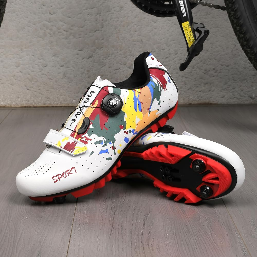 Hixingo Cycling Shoes Men Women Colourful Graffiti Print MTB Cycling Shoes Mountain Bike Shoes Trainers Breathable Outdoor Cycling Shoes Bicycle Spin MTB Shoes