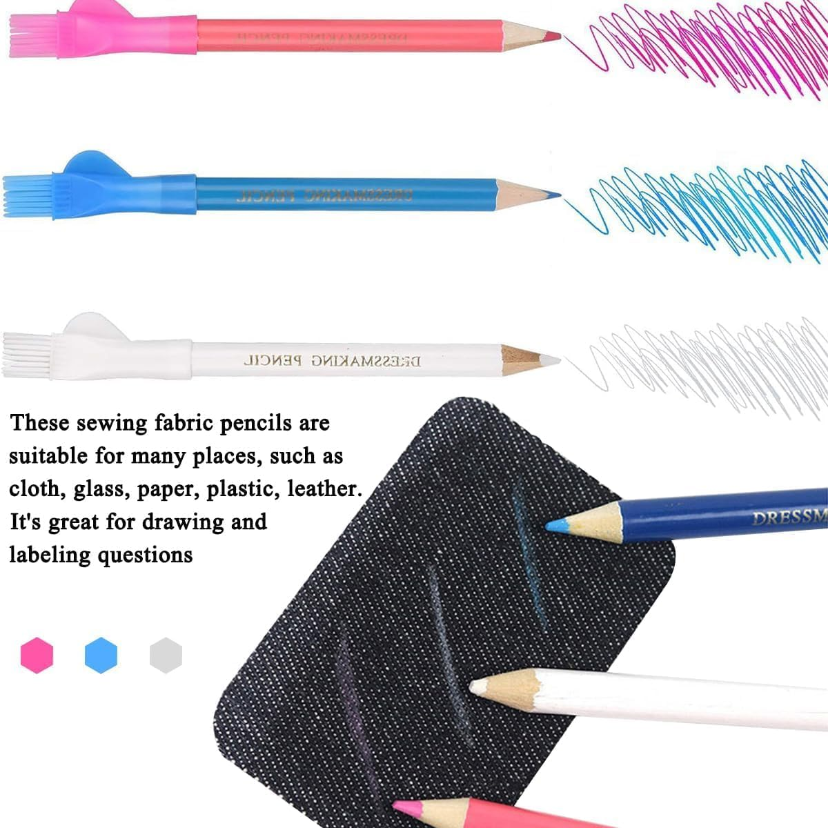 12Pcs Tailors Chalk with Brush Cap,Fabric Pencils Water Soluble Pen Tailor Mark Chalk with Brush Cap,Three Colors Pencils for Tailors Chalk,Sewing Pencils for Tailor or Home Marker and Tracing Tools image number 4