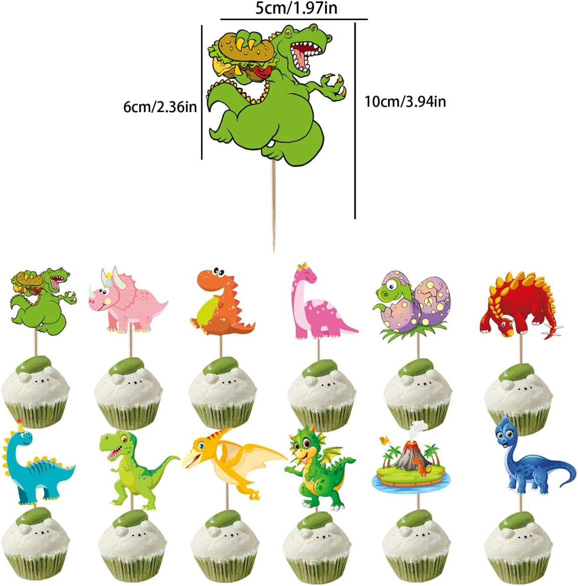 SAMOKA Dinosaur Cupcake Toppers,48 PCS Dinosaur Birthday Party Supplies Cupcake Toppers Picks for Boys Kids Dino Theme Party Decorations Cake Decorations(Double-Sided) image number 4