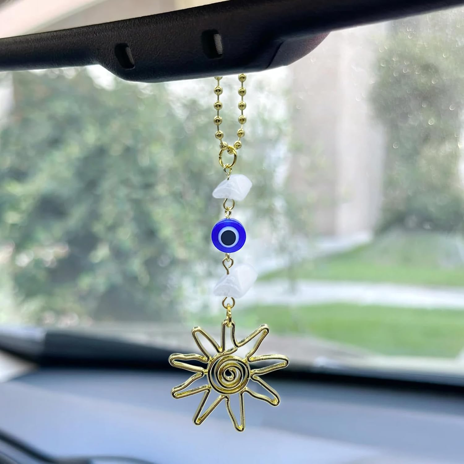 Sun Hanging Car Charm,Green and Gold Rear View Mirror Accessories Cute Boho Dangling Sun Car Decor Handmade Healing Crystals Stones Ornament Gifts for Women Men (Green)