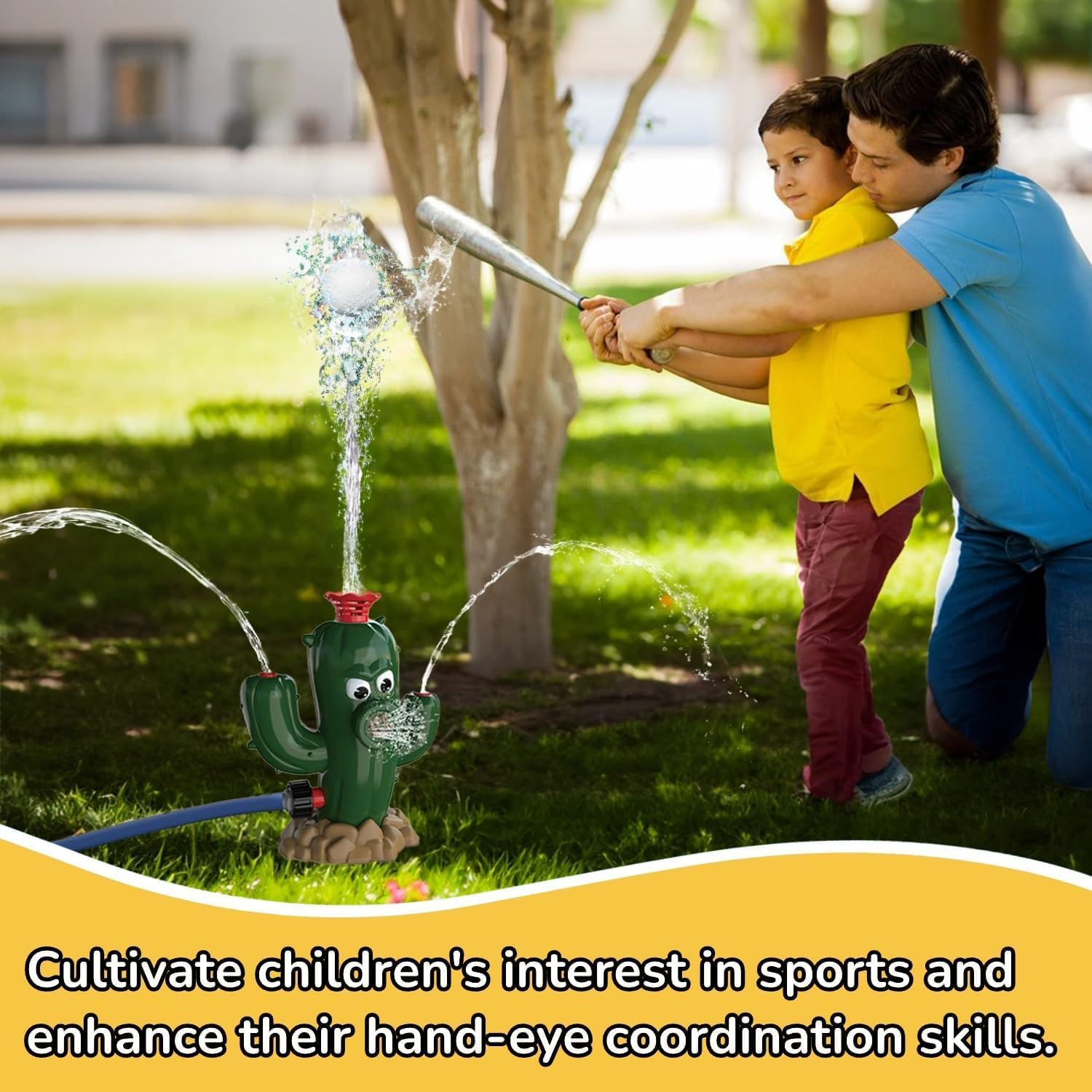 Outdoor Water Spray Sprinkler for Kids & Toddlers, Summer outside Toys Backyard Games, Water Hose Sprinkler | Cactus Shape Garden Watering Sprayer with Baseball Set for Yard and Lawn image number 3
