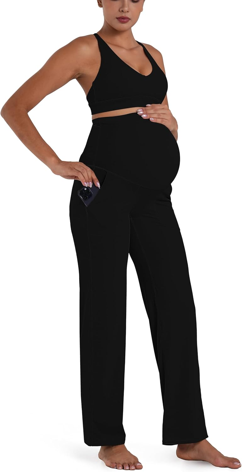 Sunvalix Maternity Wide Leg Pants with Pockets, Cozy over Belly Yoga Pants for Workouts, Lounge & Everyday Wear image number 4