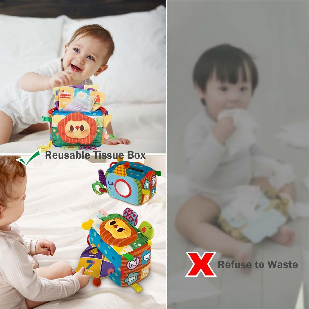 Baby Tissue Box, Infant Montessori Sensory Toy with Soft Crinkle Papers ＆ Silk Scarves, Textured Tissues Box with Mirror Toddlers Early Educational Learning Travel Toys for 6+ Months image number 4
