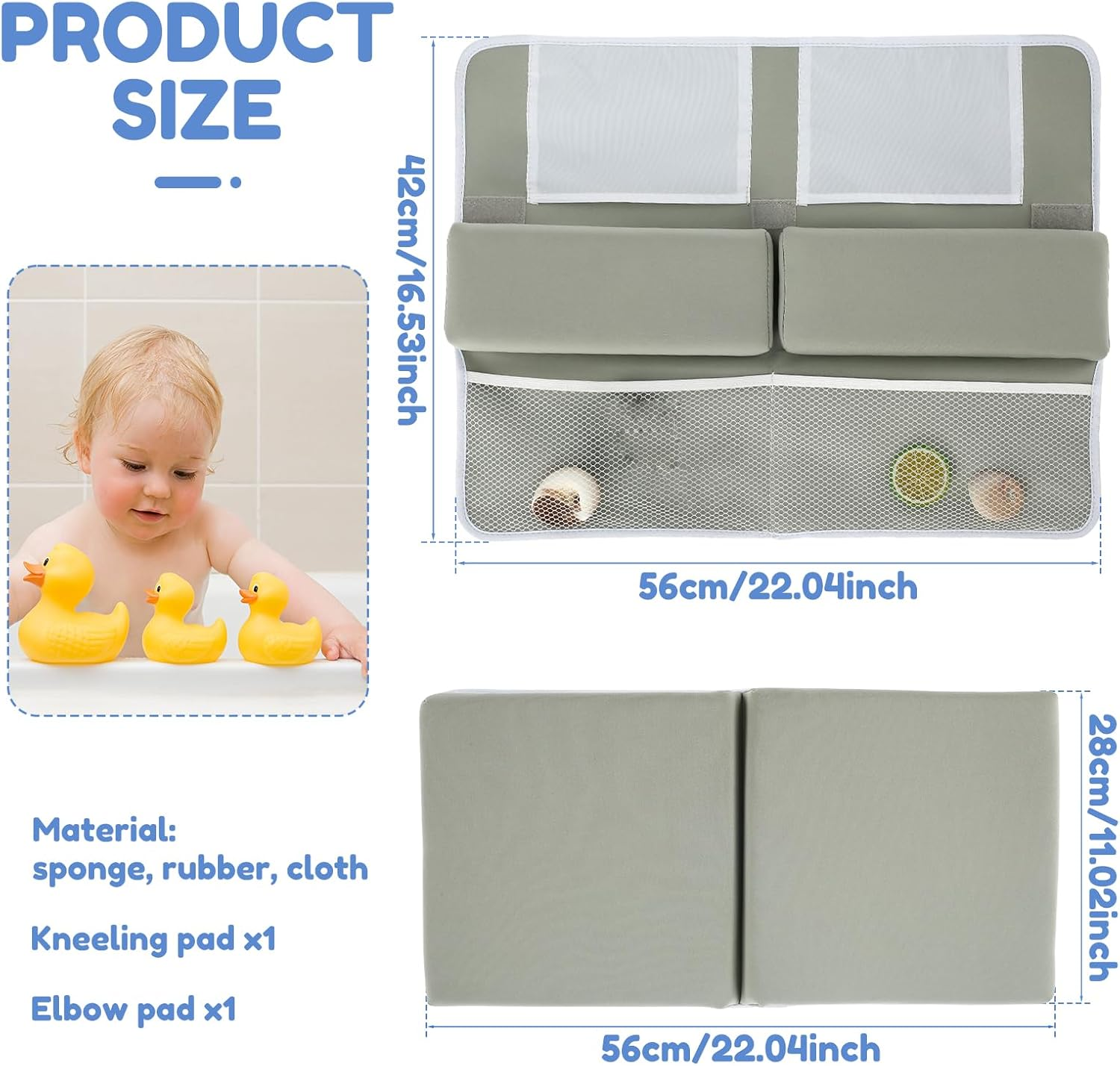 Baby Bath Kneeler and Elbow Rest Pad Set, Bath Kneeling Pad, Anti-Slip Baby Bath Support Mat with 4 Organizer Pockets, Foam Kneeling Bath Pad, Washable Bath Tub Elbow Pad for Toddler Bathroom image number 1