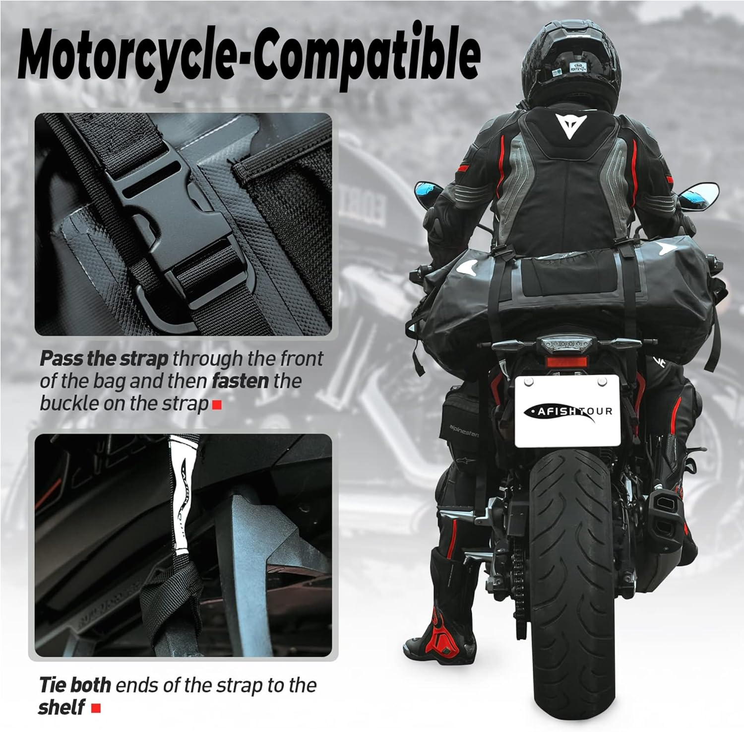 AFISHTOUR 65L Waterproof Duffel Bag for Men and Women - Large Motorcycle Duffle Bag with Straps for Back Seat - Roll Top Dry Bag for Kayaking, Rafting, Boating, Swimming, Beach (Black) image number 4