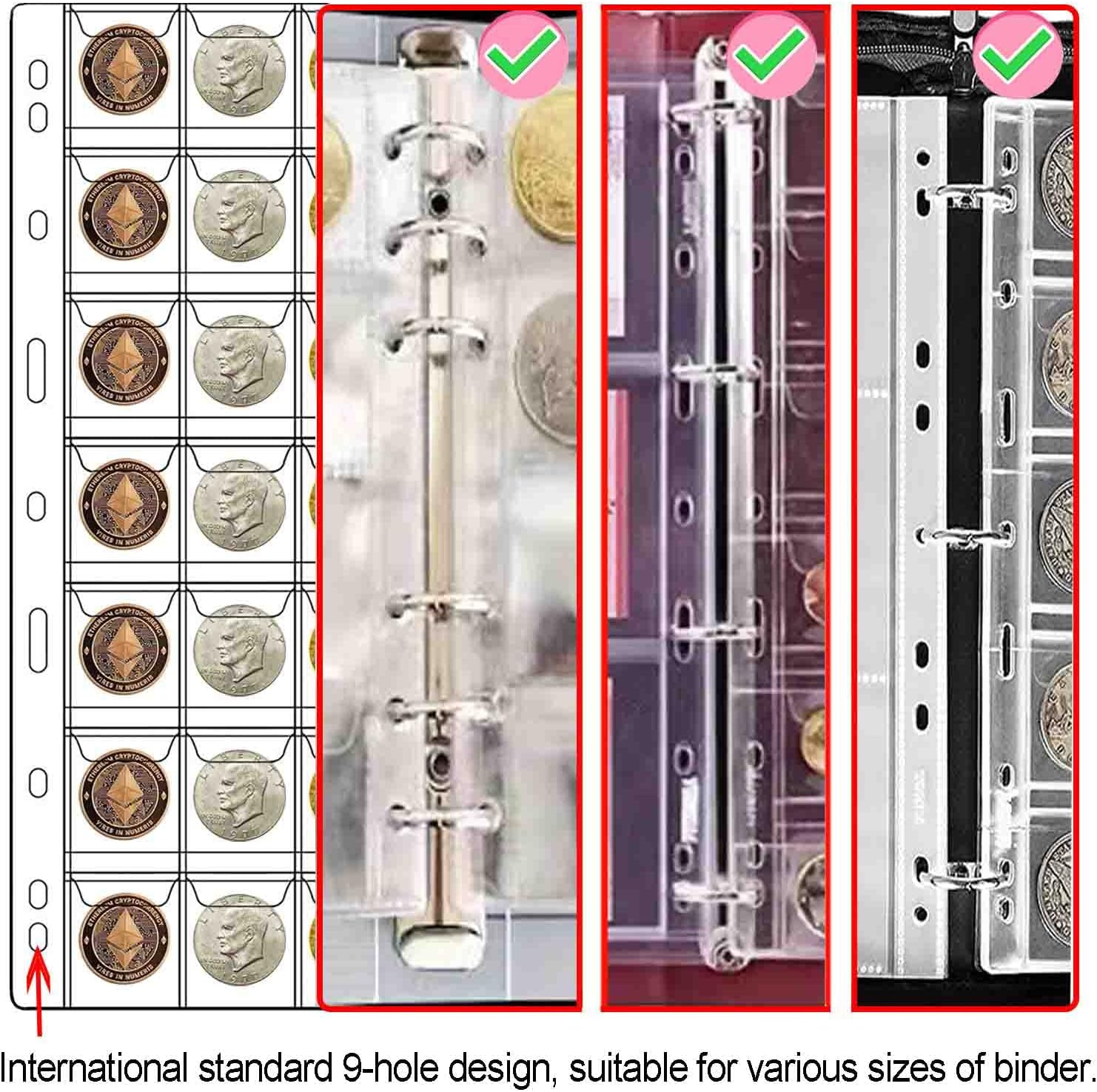 42-Pocket Coin Pages for Collectors, Standard 9-Hole Coin Collection Pages Fit Most Binder, Coin Collecting Supplies, Coin Sleeves for Stamp, Badges Etc