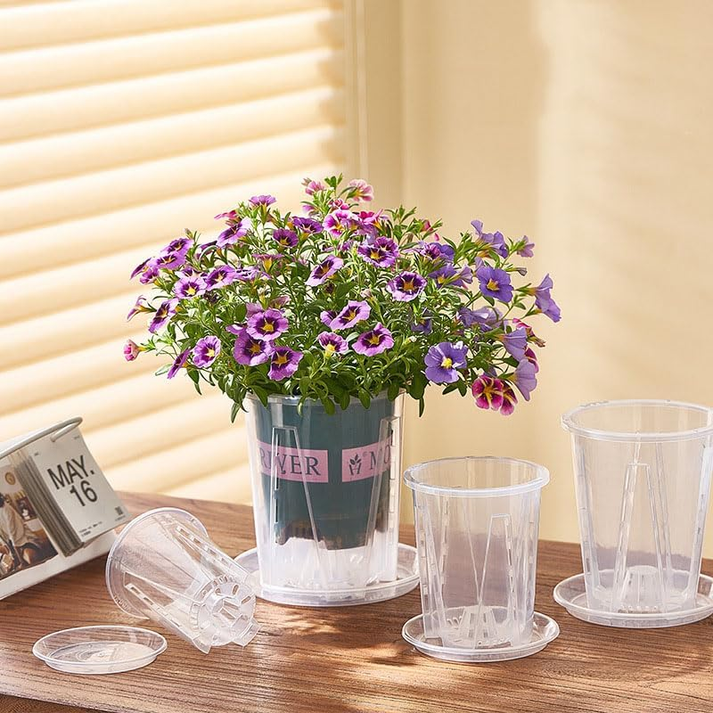 5 Piece of 14 Cm Clear Plastic Plant Pots with Holes and Saucers, Breathable for Orchids, Succulents and Houseplants. image number 4