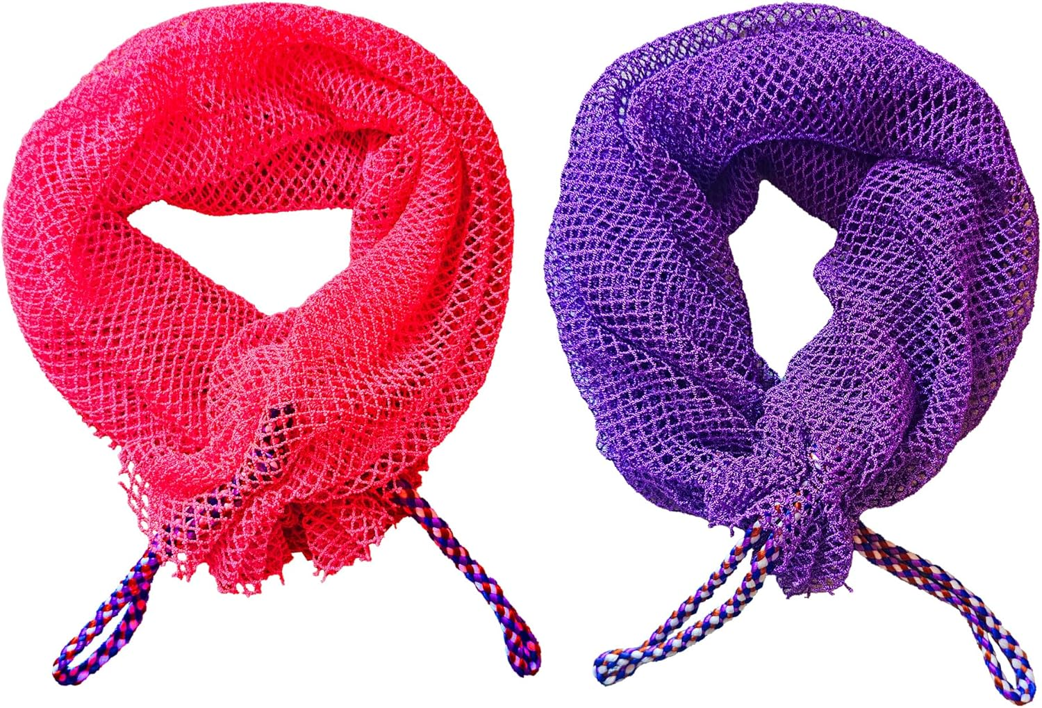 Rope Handles African Exfoliating Net Bath Sponge, Authentic Long Body Scrubber, Premium Nylon Shower Washcloth for Deep Cleansing & Dead Skin Removal - Unisex Spa Bathing Accessory (Rose Red & Purple)