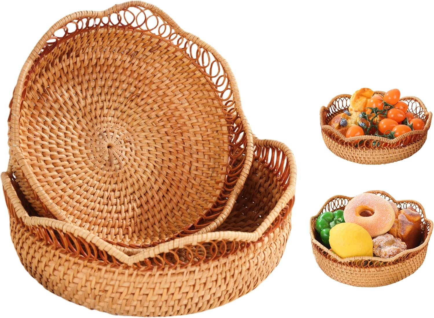 Rattan Bread Basket for Serving,Set of 2（8&rsquo;&rsquo;/9&rsquo;&rsquo;）Round Fruit Basket,Picnic Baskets,Natural Woven Serving Basket Bowls,Handmade Decorative Baskets for Kitchen Counter, Organizing, Storage, Home Decor image number 6